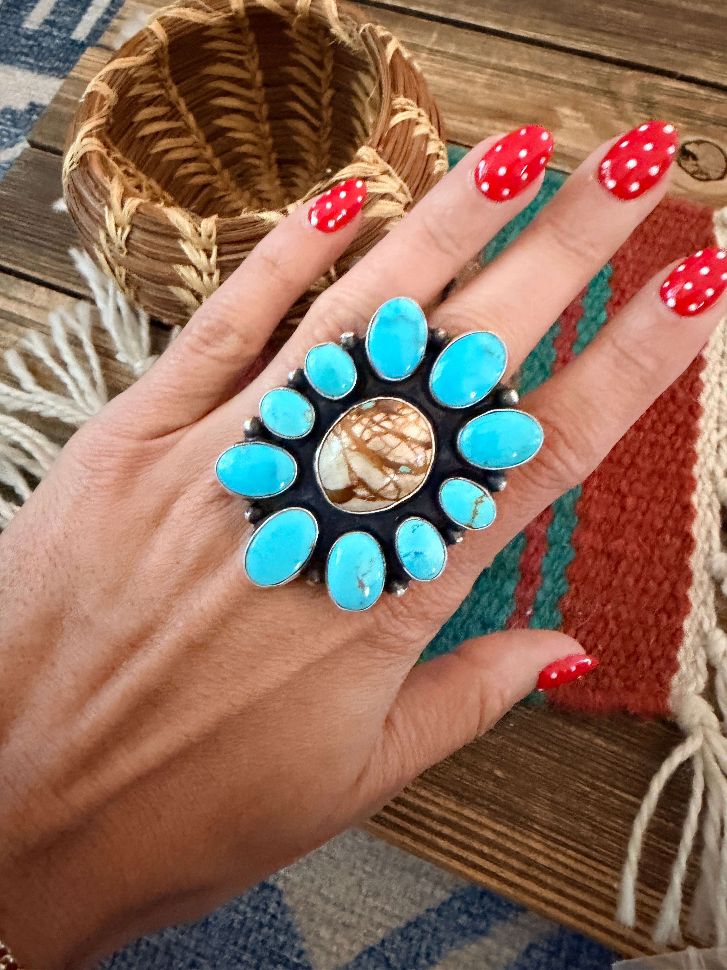 Handcrafted Multi Turquoise & Sterling Silver Ring Size 7.75 by Ella Peter