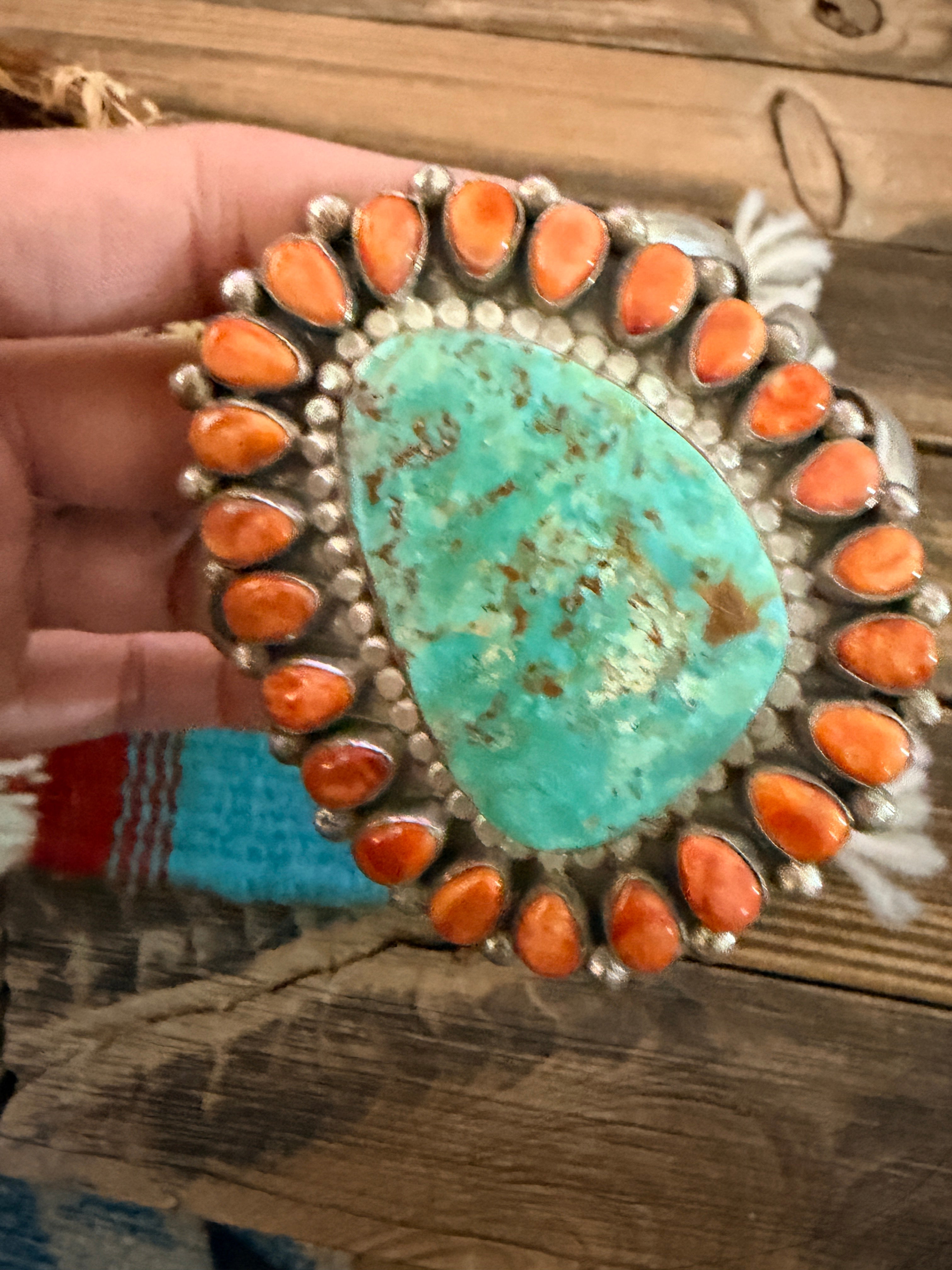 Handcrafted Spiny Oyster, Turquoise & Sterling Silver Cluster Cuff Bracelet