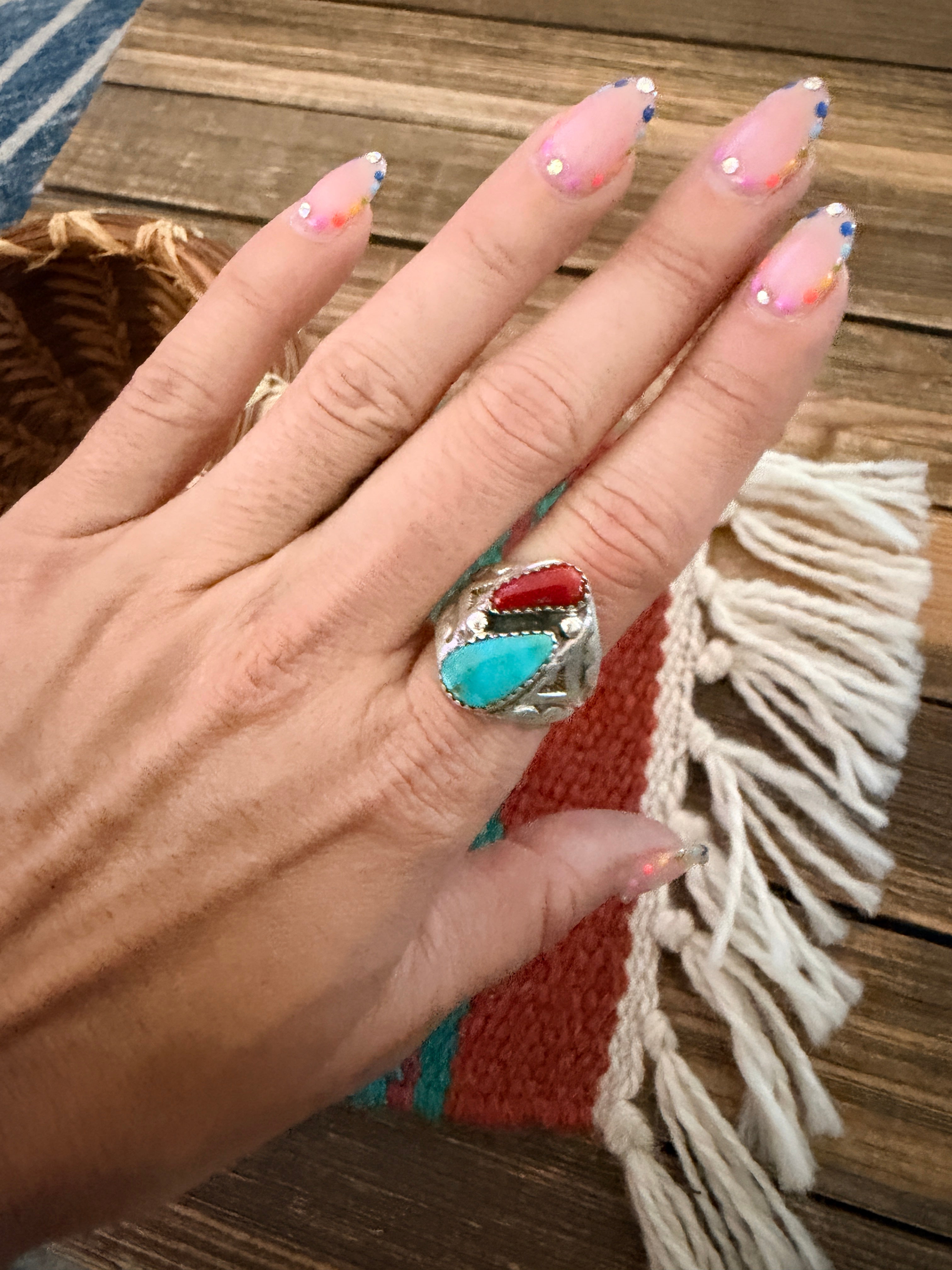 Handcrafted Turquoise, Coral & Sterling Silver Ring Size 8.25