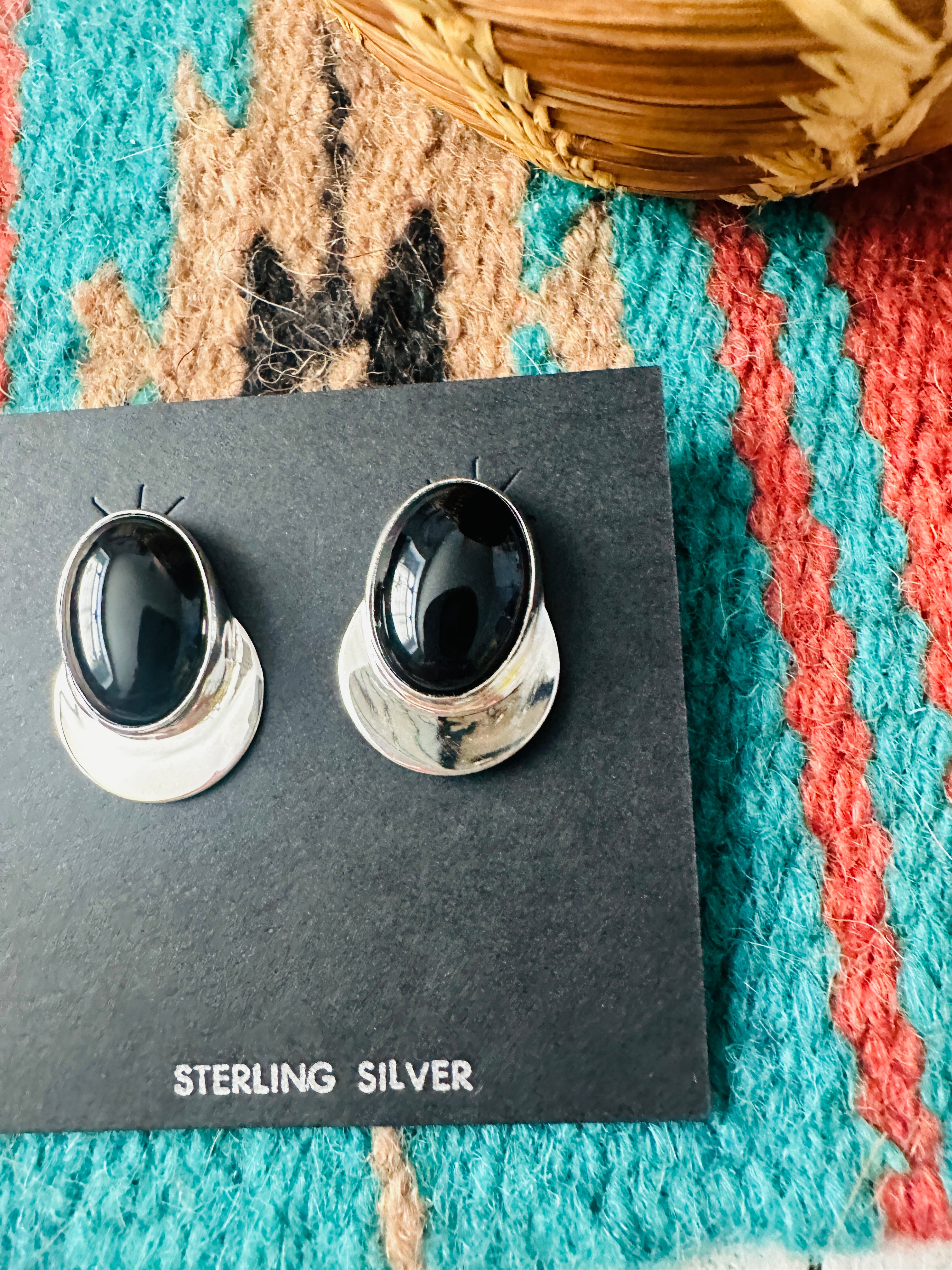 Navajo Onyx & Sterling Silver Post Earrings