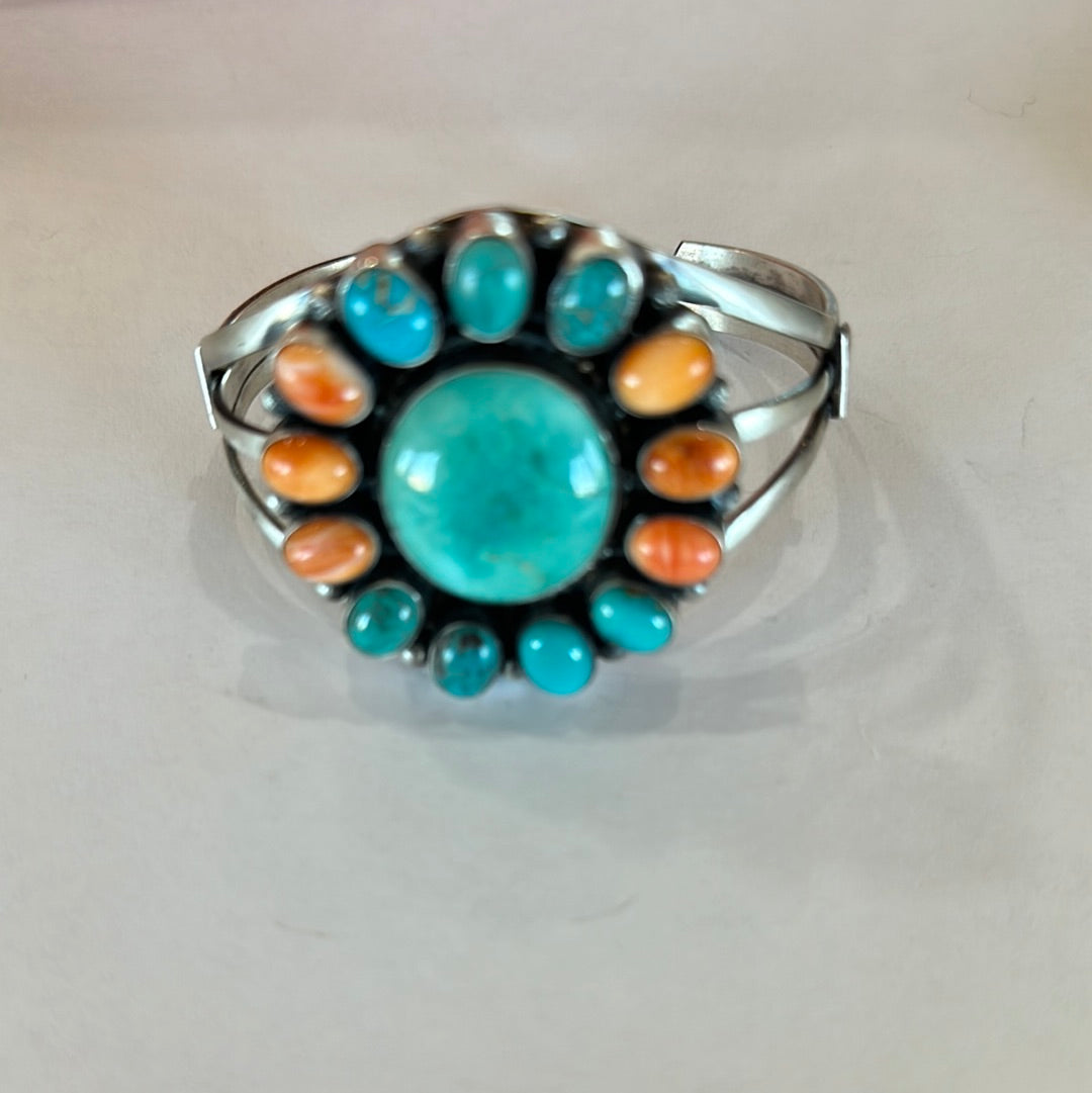 Navajo Sterling Silver, Turquoise & Orange Spiny Bracelet Cuff Signed Sheila Becenti