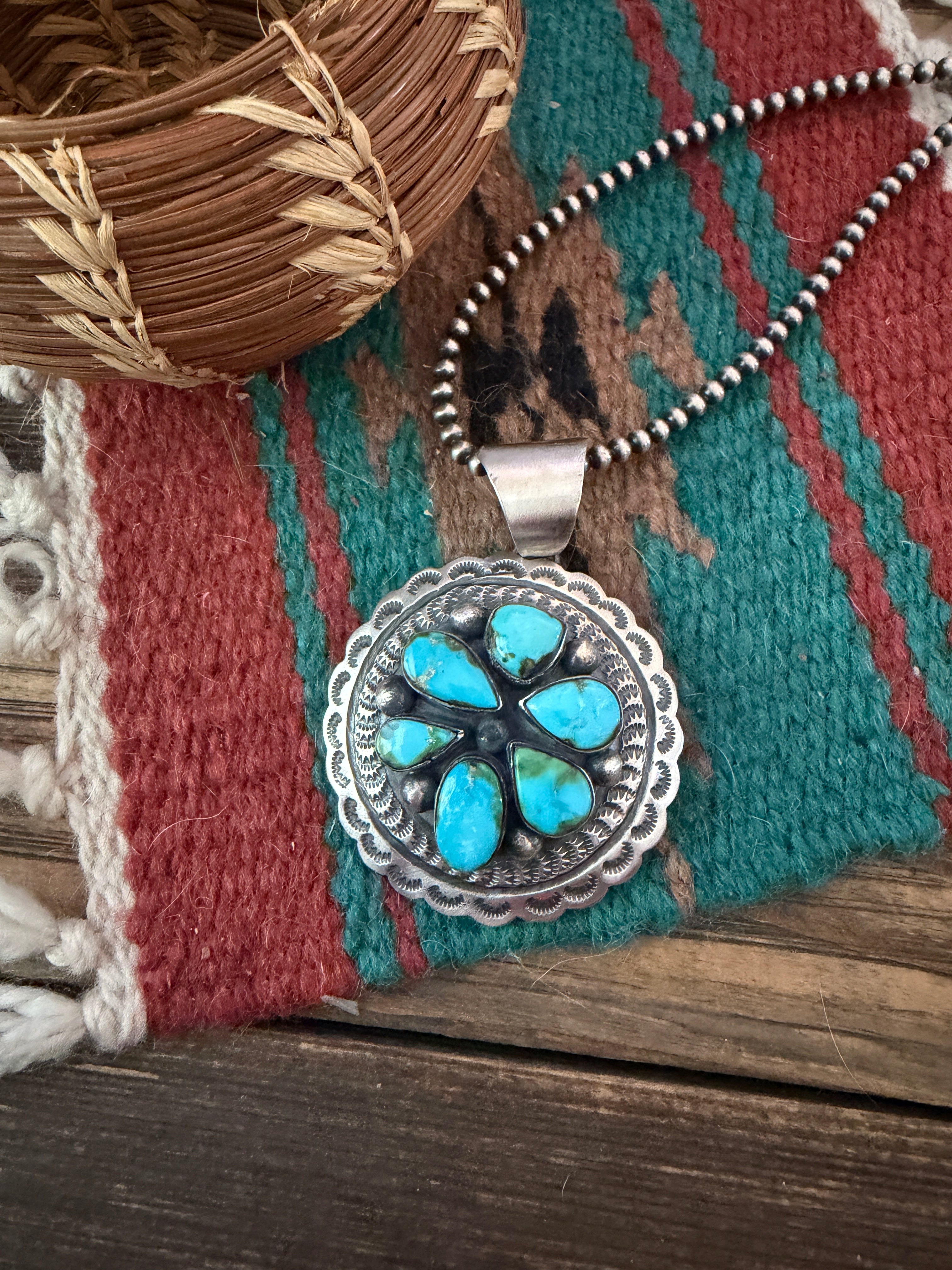 Handcrafted Sterling Silver & Sonoran Mountain Turquoise Concho Pendant by Chimney Butte