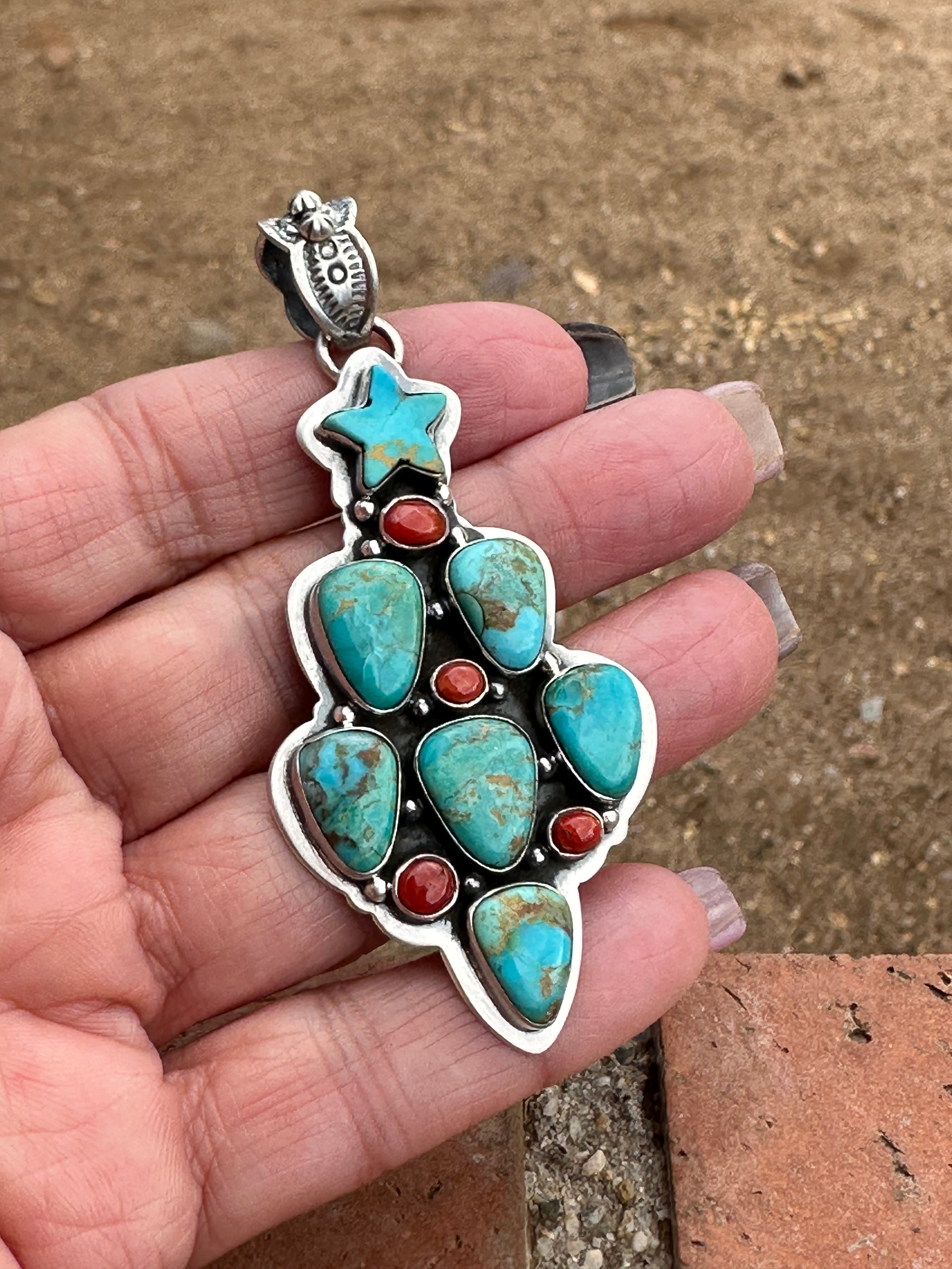 Handmade Sterling Silver, Coral & Turquoise Christmas Tree Pendant