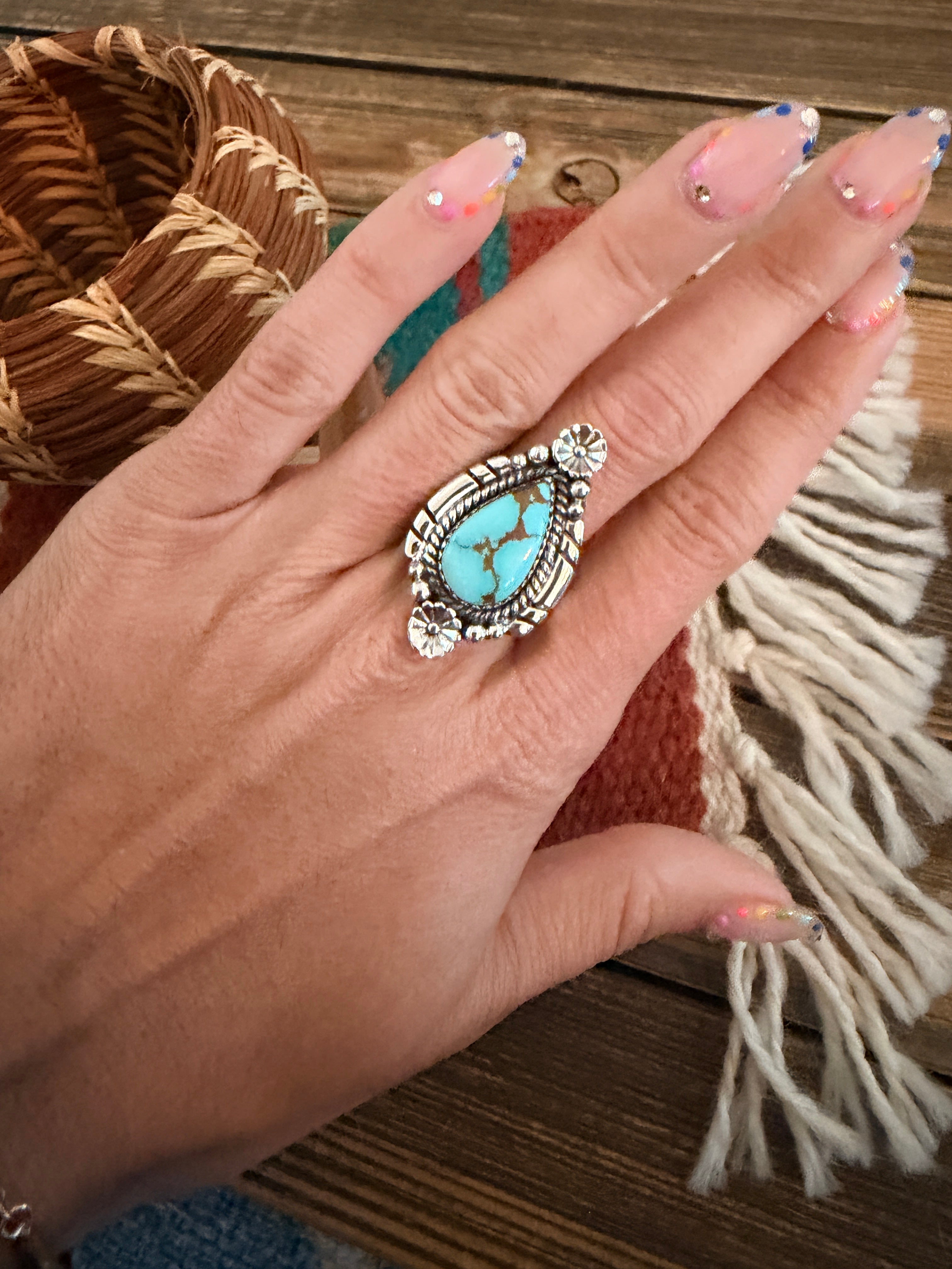 Handmade Sterling Silver Number 8 Turquoise Adjustable Ring Signed Nizhoni