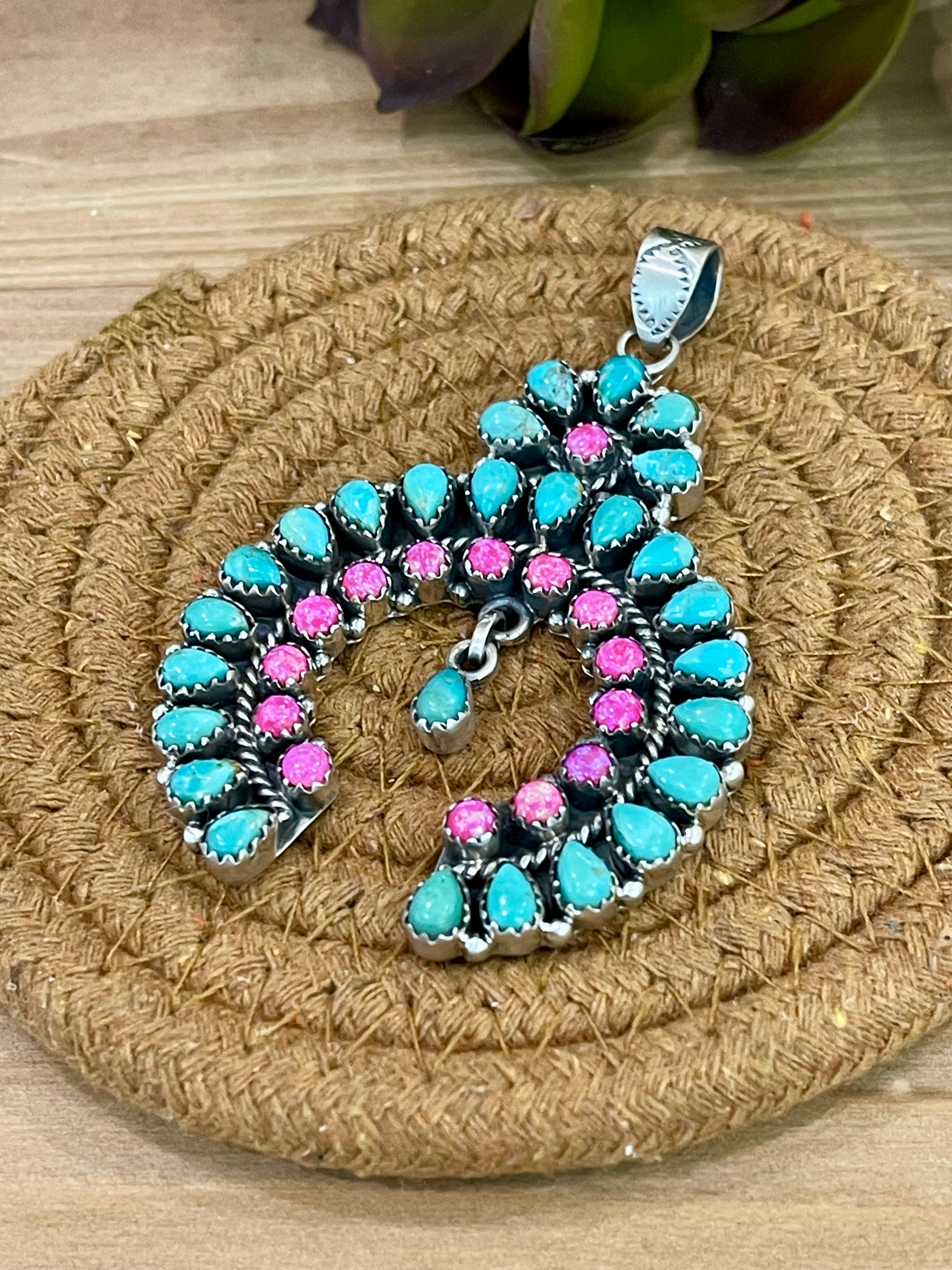 Handmade Sterling Silver , Turquoise & Pink Fire Opal Cluster Naja Pendant