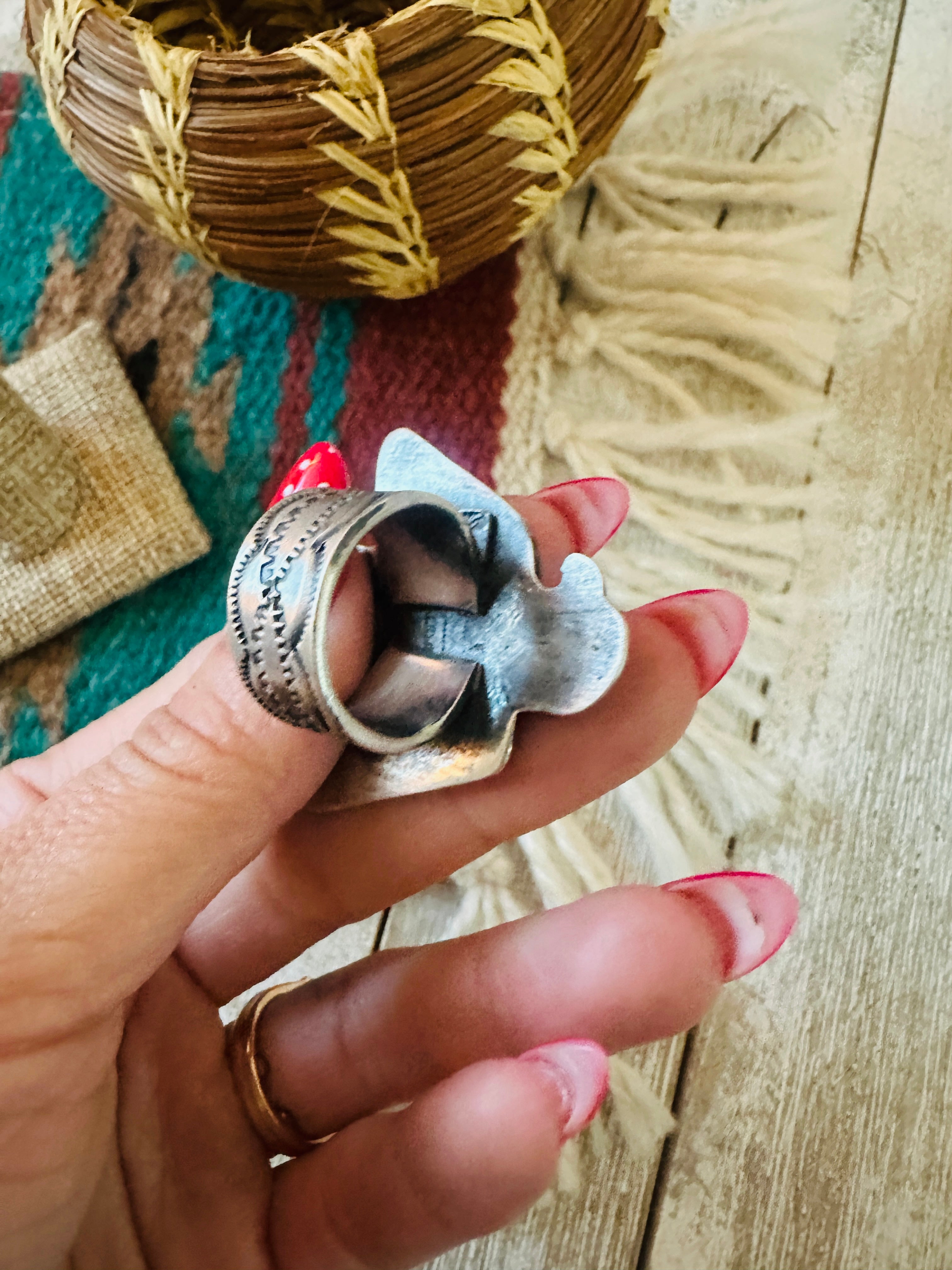 Handcrafted Turquoise & Sterling Silver Thunderbird Ring Chimney Butte Size 7