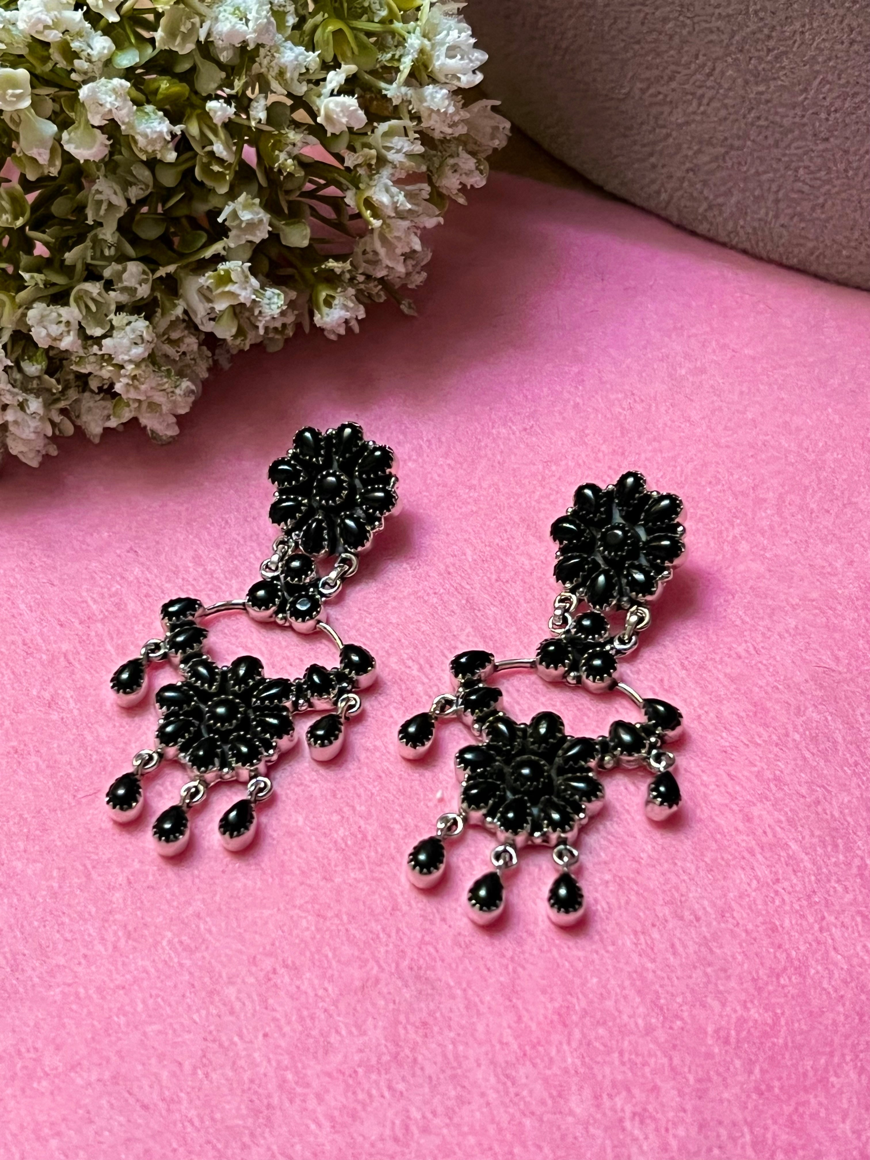 Handmade Sterling Silver & Black Onyx Cluster Chandelier Dangle Earrings