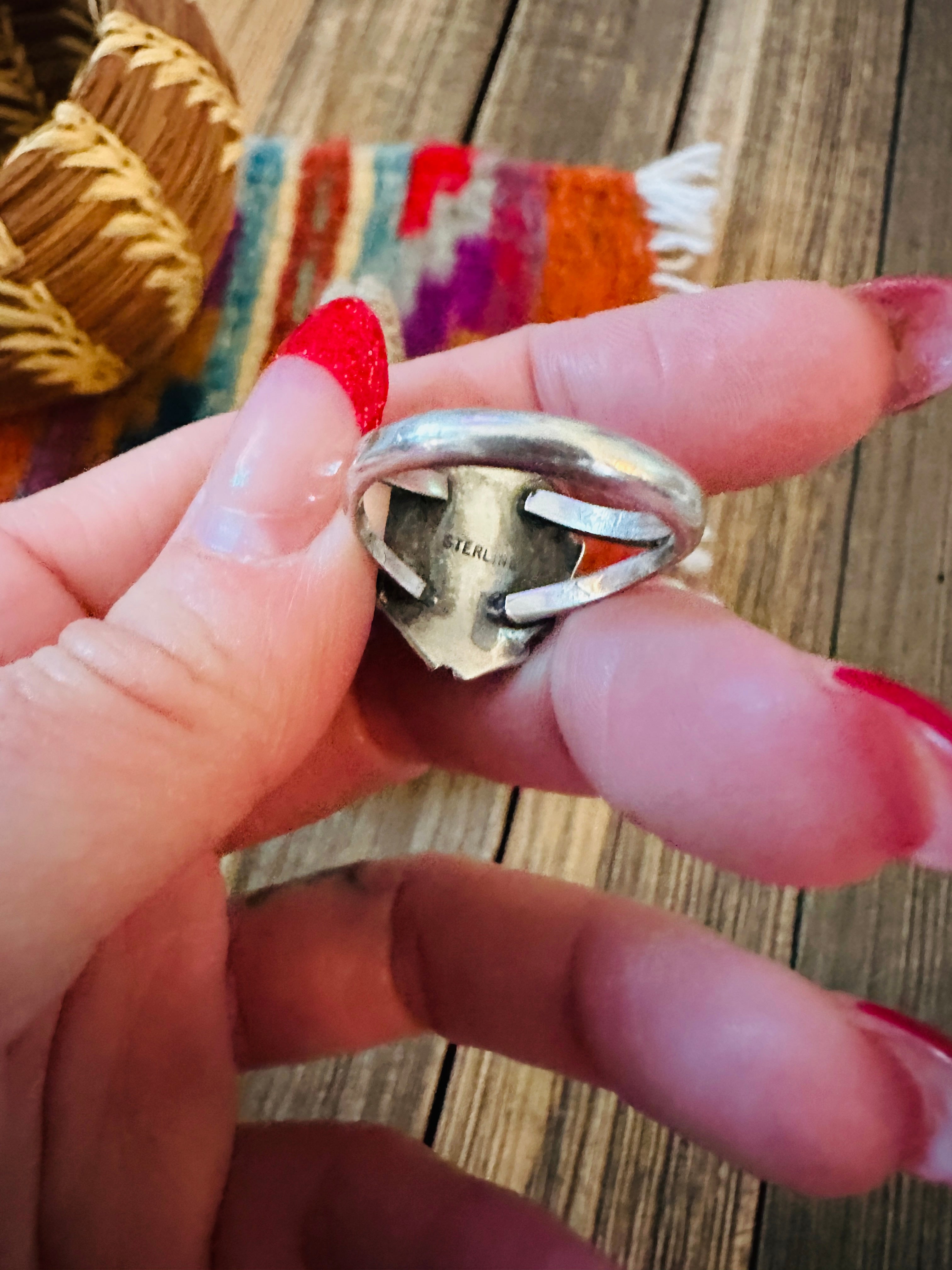 Old Pawn Handcrafted Turquoise & Sterling Silver Ring Size 7.75