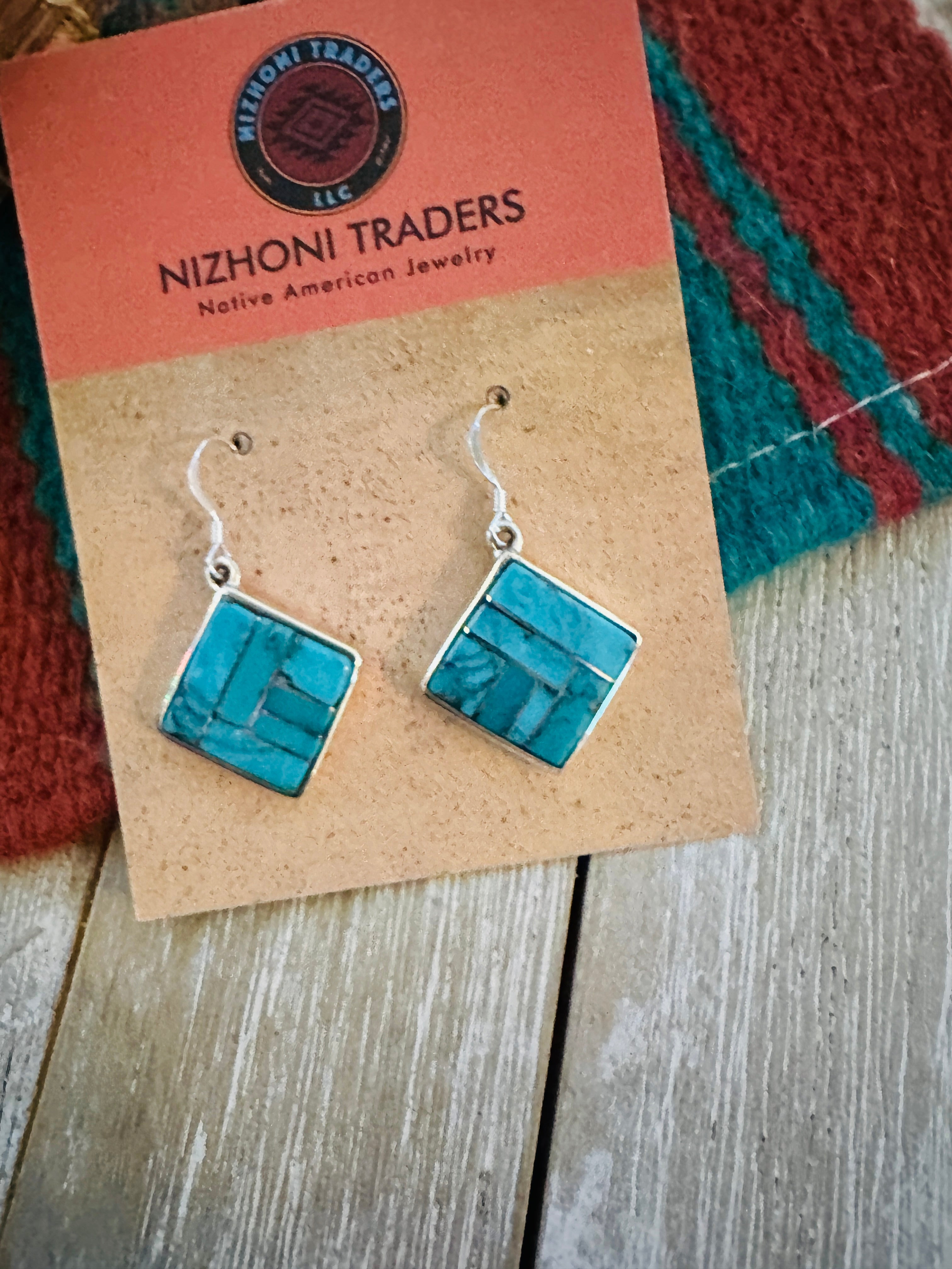 Handcrafted Turquoise & Sterling Silver Inlay Dangle Earrings