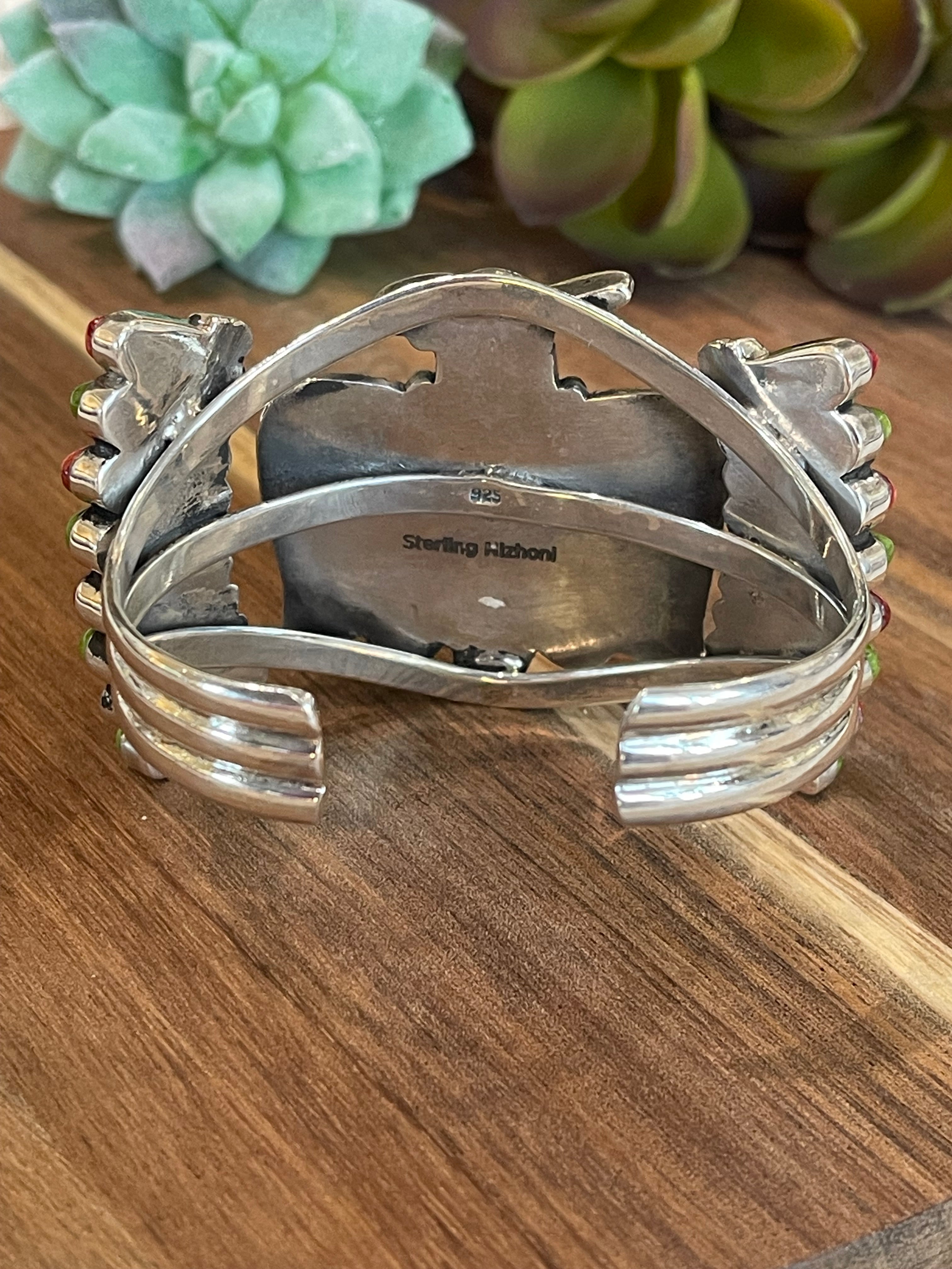 Handmade Sterling Silver Multi Stone Inlay Thunderbird Cuff Bracelet