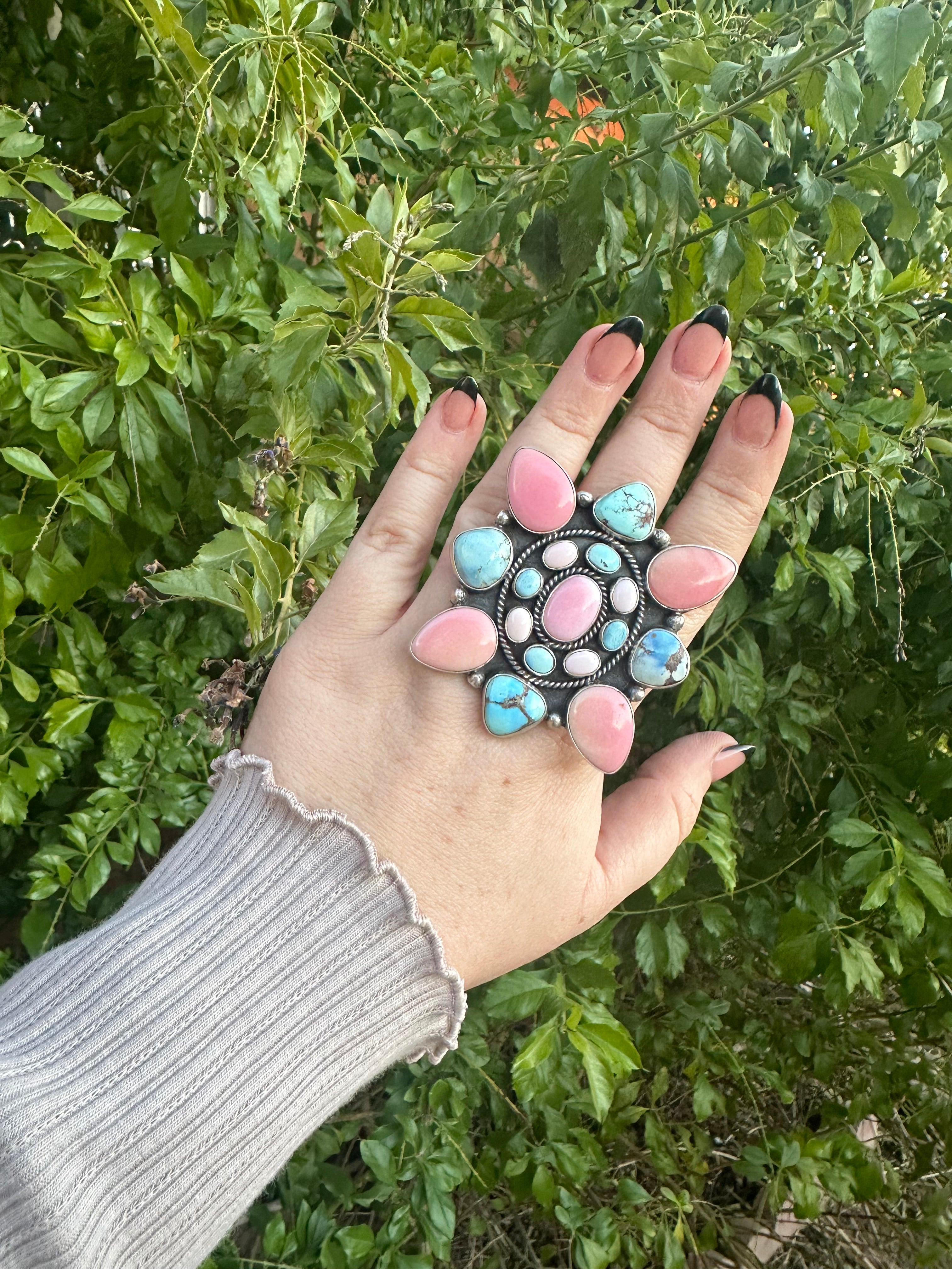 Navajo Golden Hills Turquoise, Pink Conch, and Sterling Silver Adjustable Ring Signed