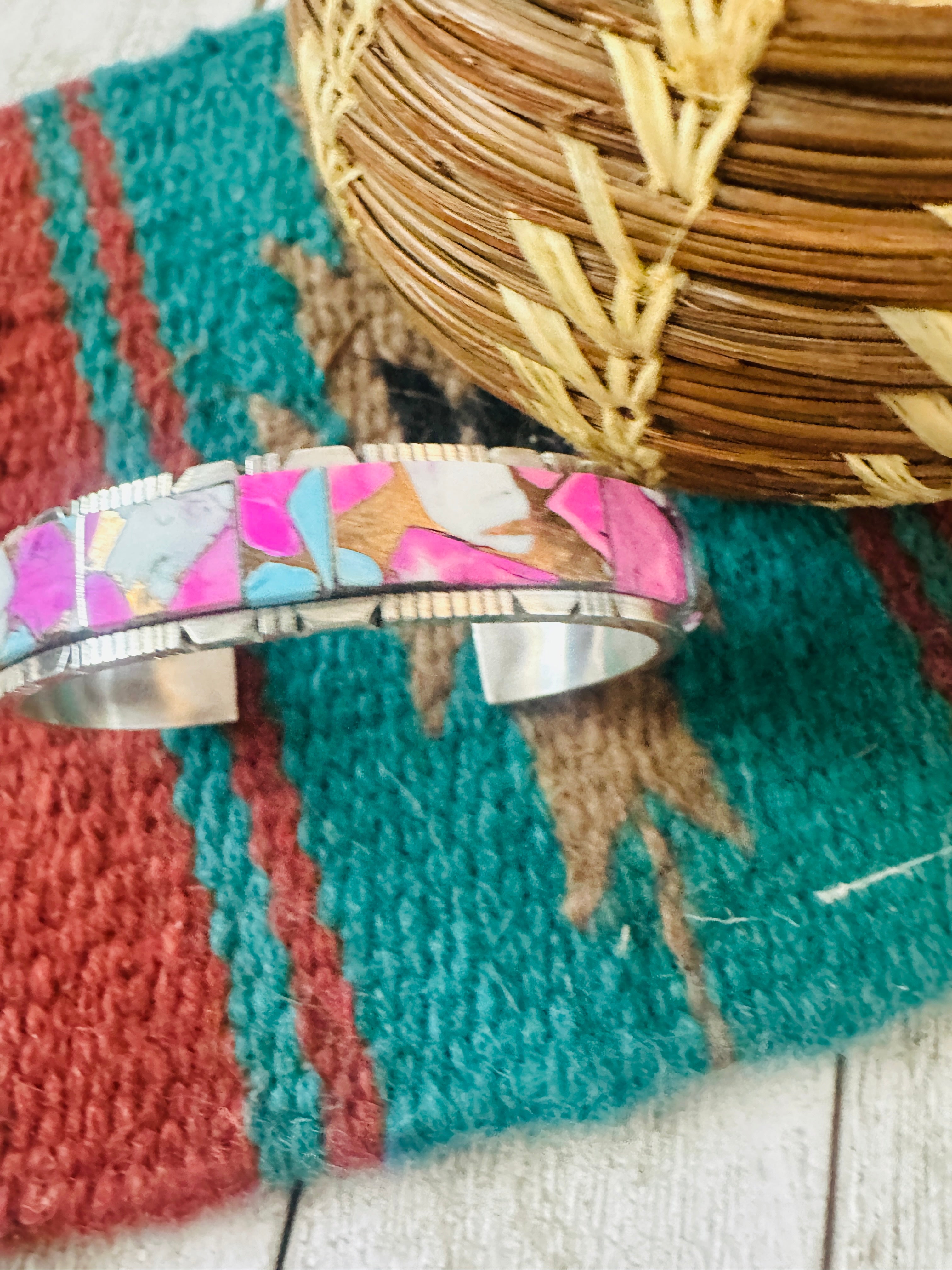 Handcrafted Cotton Candy & Sterling Silver Inlay Cuff Bracelet
