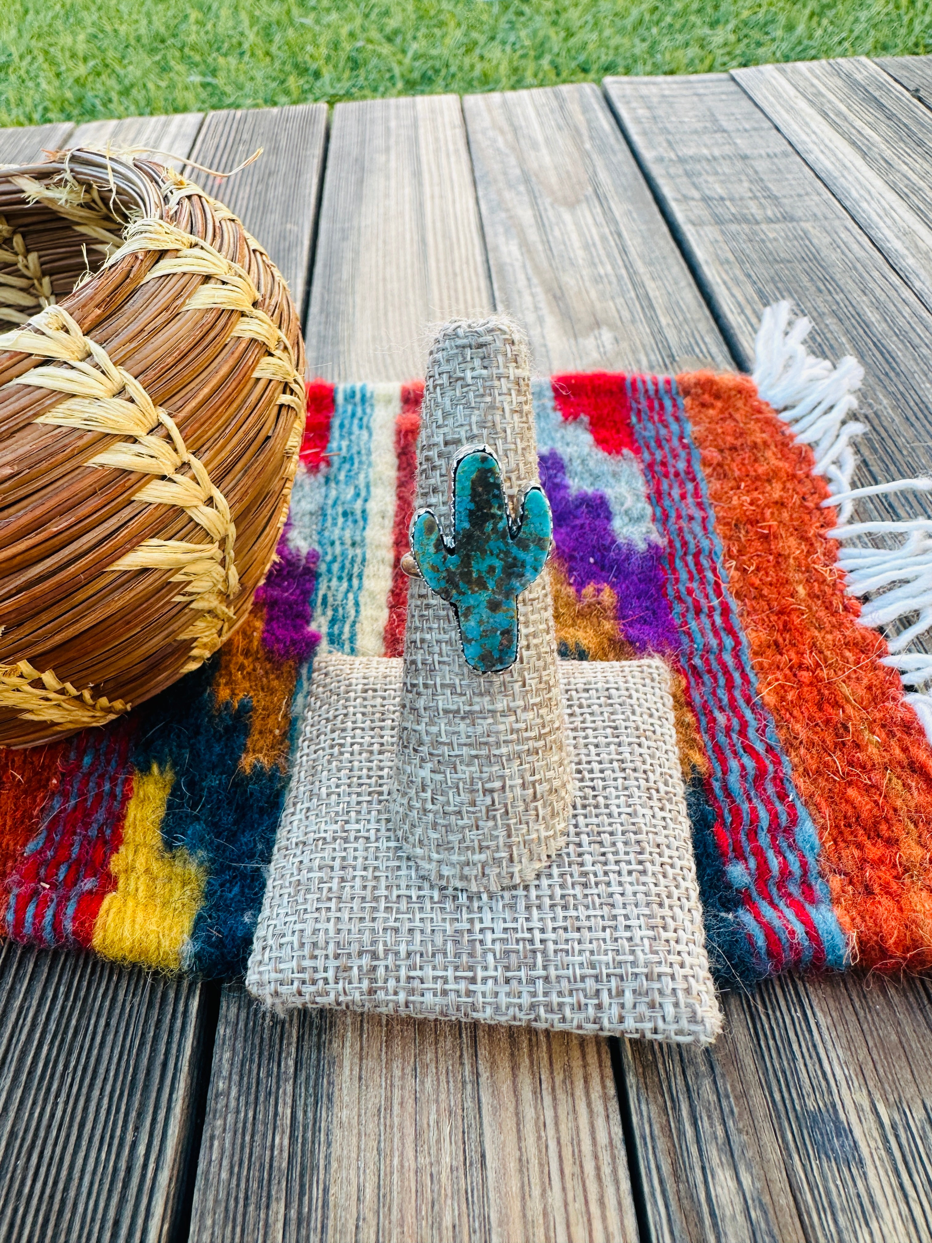 Handcrafted Turquoise & Sterling Silver Cactus Adjustable Ring