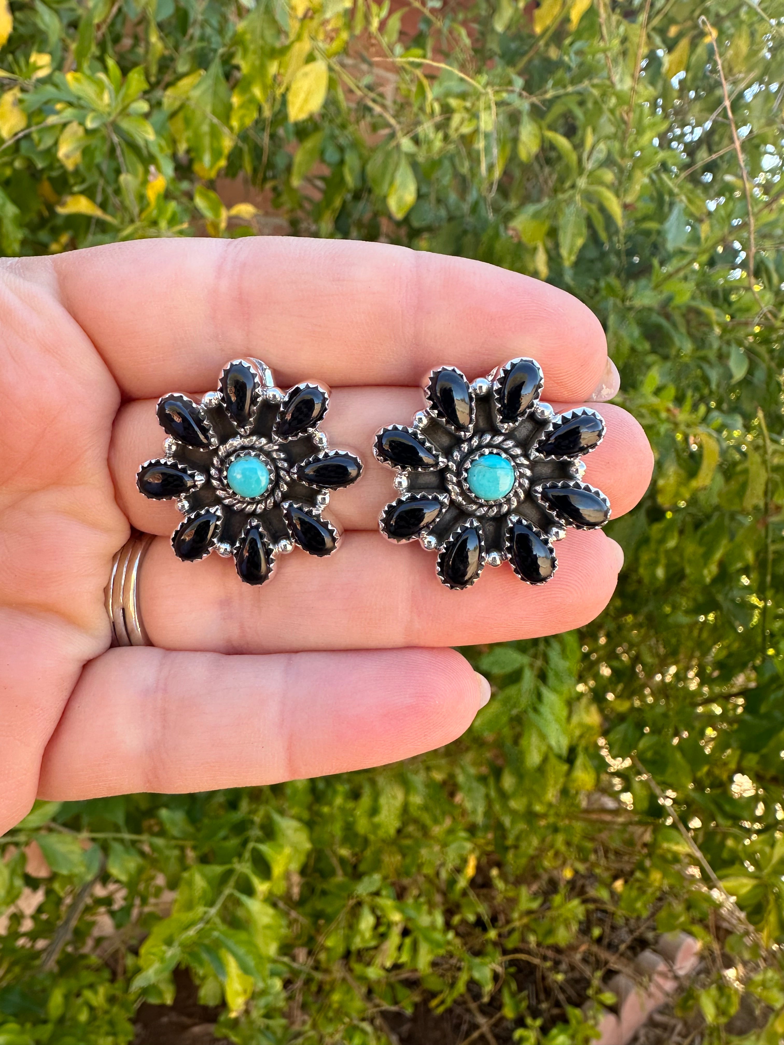 Handmade Sterling Silver, Onyx, Turquoise Post Cluster Earrings Signed Nizhoni