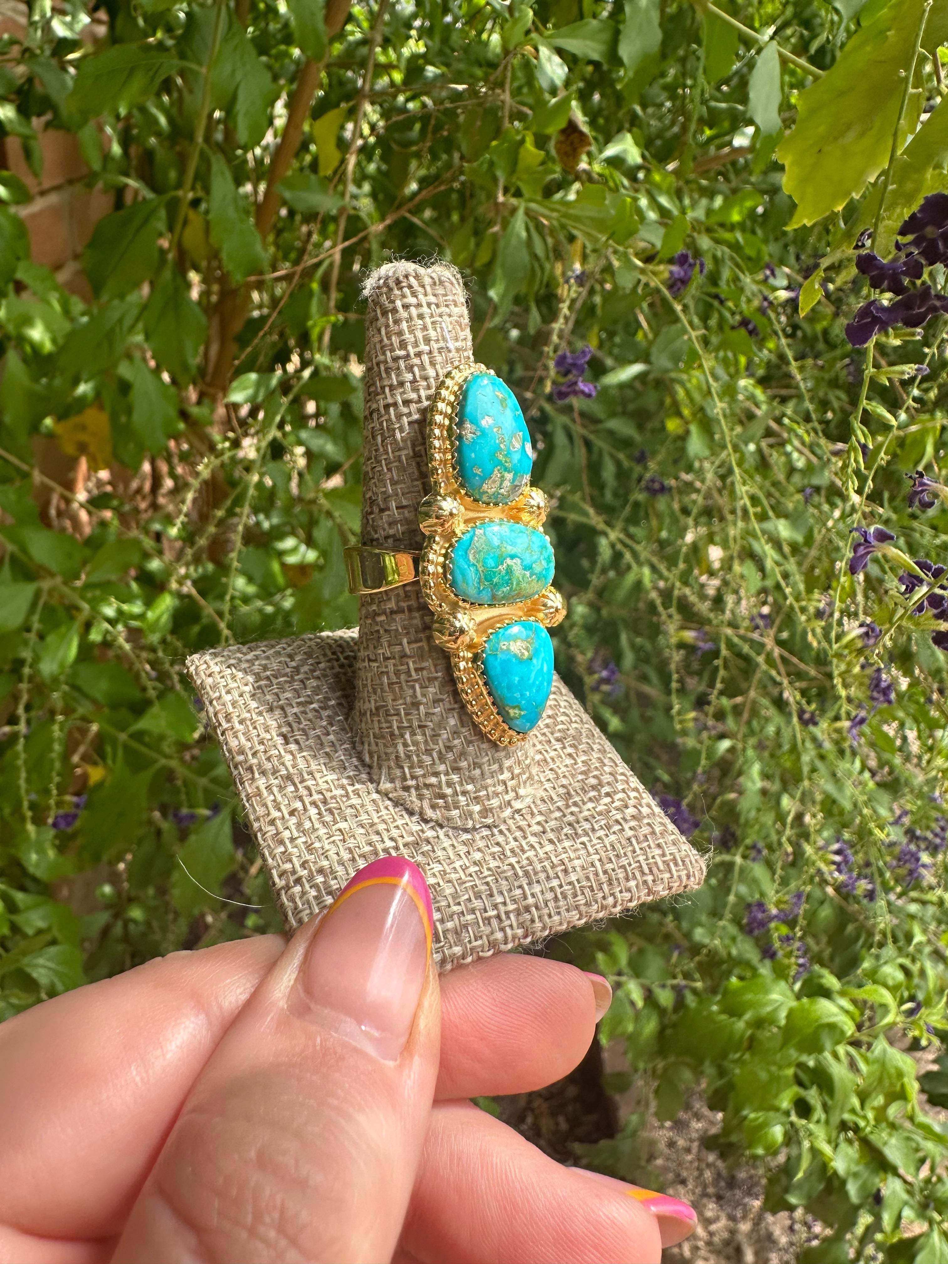 “The Golden Collection” Turquoise Skies Handmade Natural Turquoise 14k Gold Plated Sterling Silver Adjustable Ring