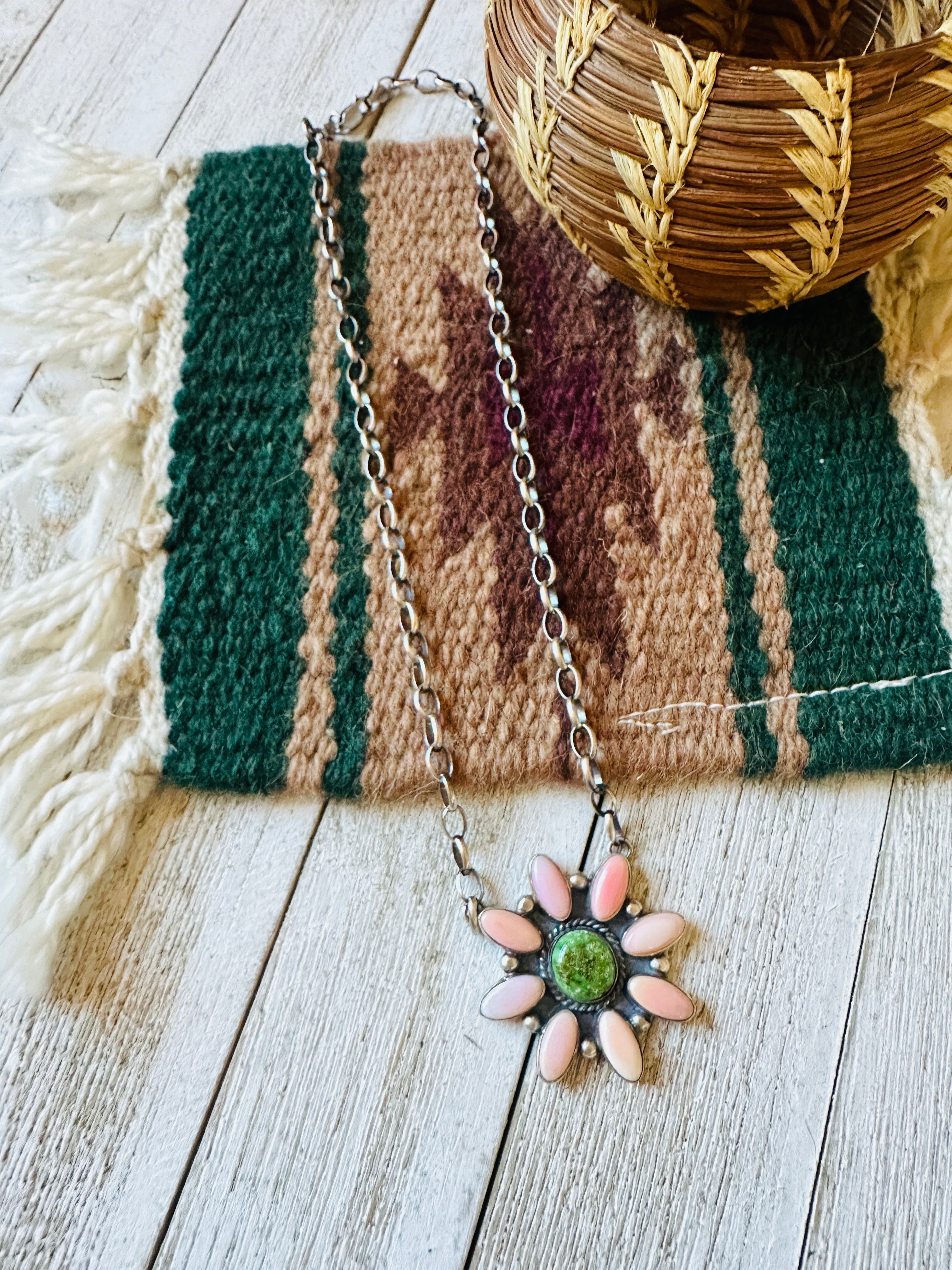 Navajo Sterling Silver, Queen Pink Conch Shell & Turquoise Necklace