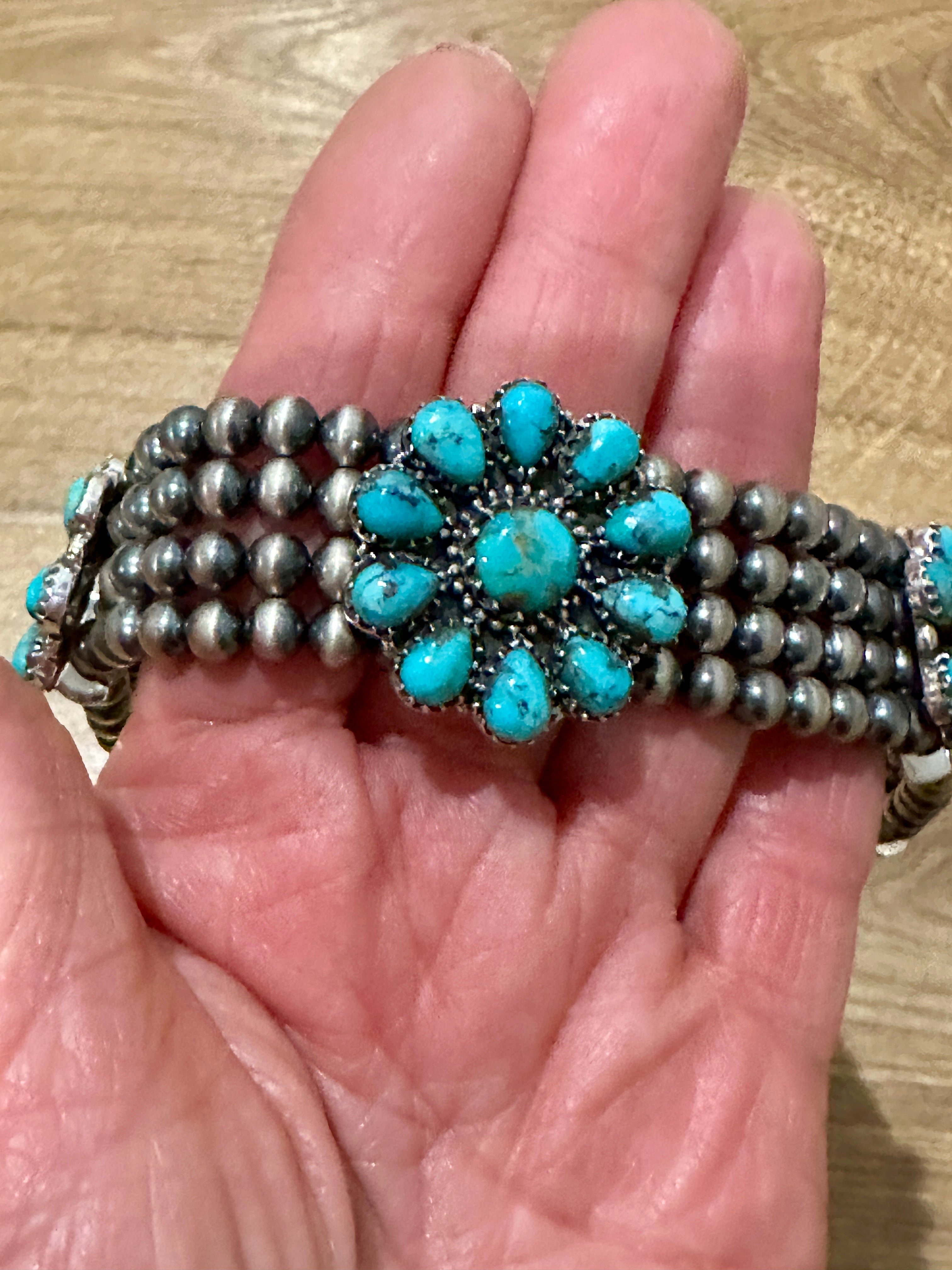 Handmade Sterling Silver Pearl & Natural Turquoise Choker Necklace Signed Nizhoni