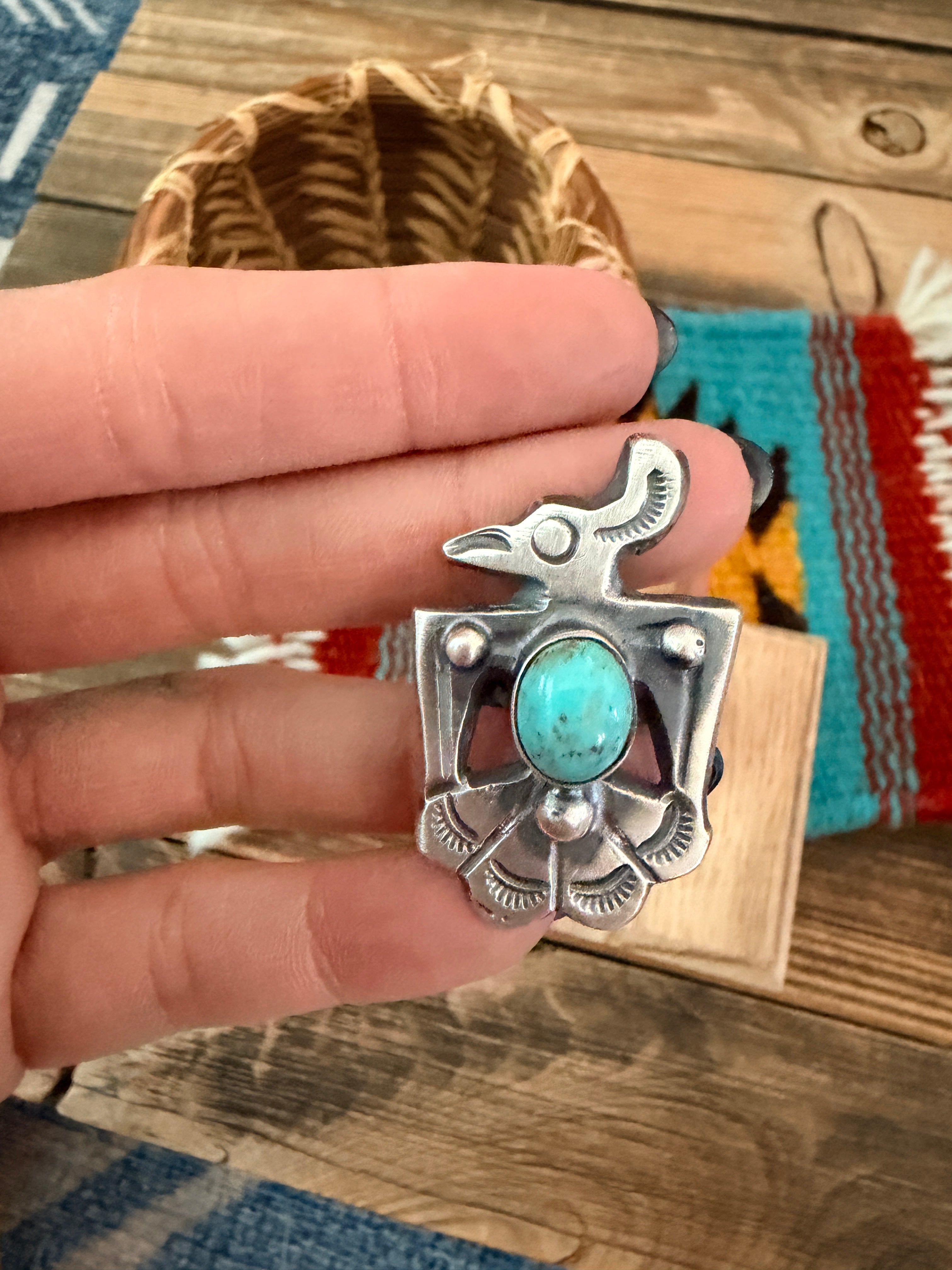Handcrafted Turquoise and Sterling Silver Thunderbird Ring size 9 by Chimney Butte