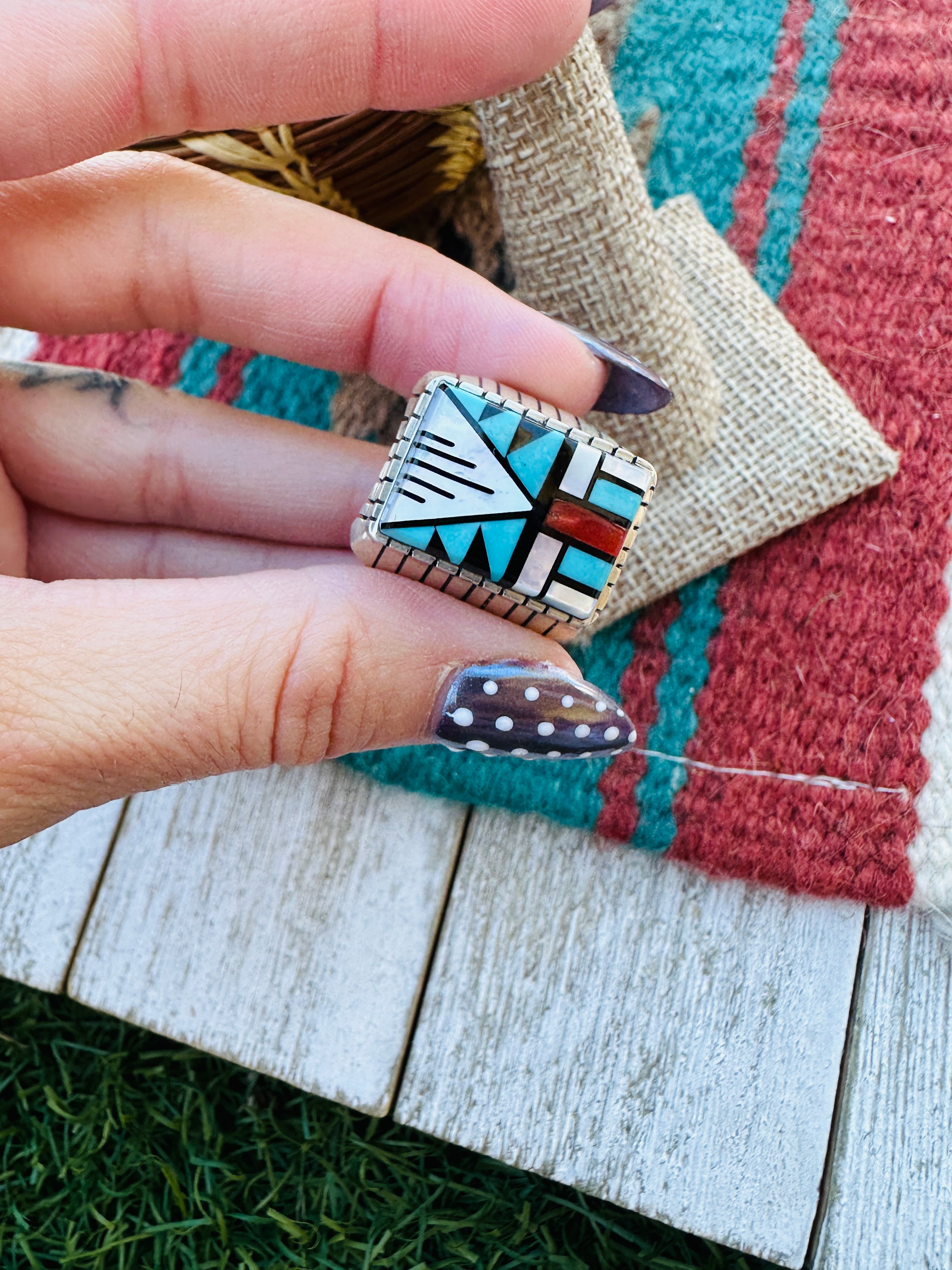 Handcrafted Multi Stone & Sterling Silver Inlay Ring Size 10.75