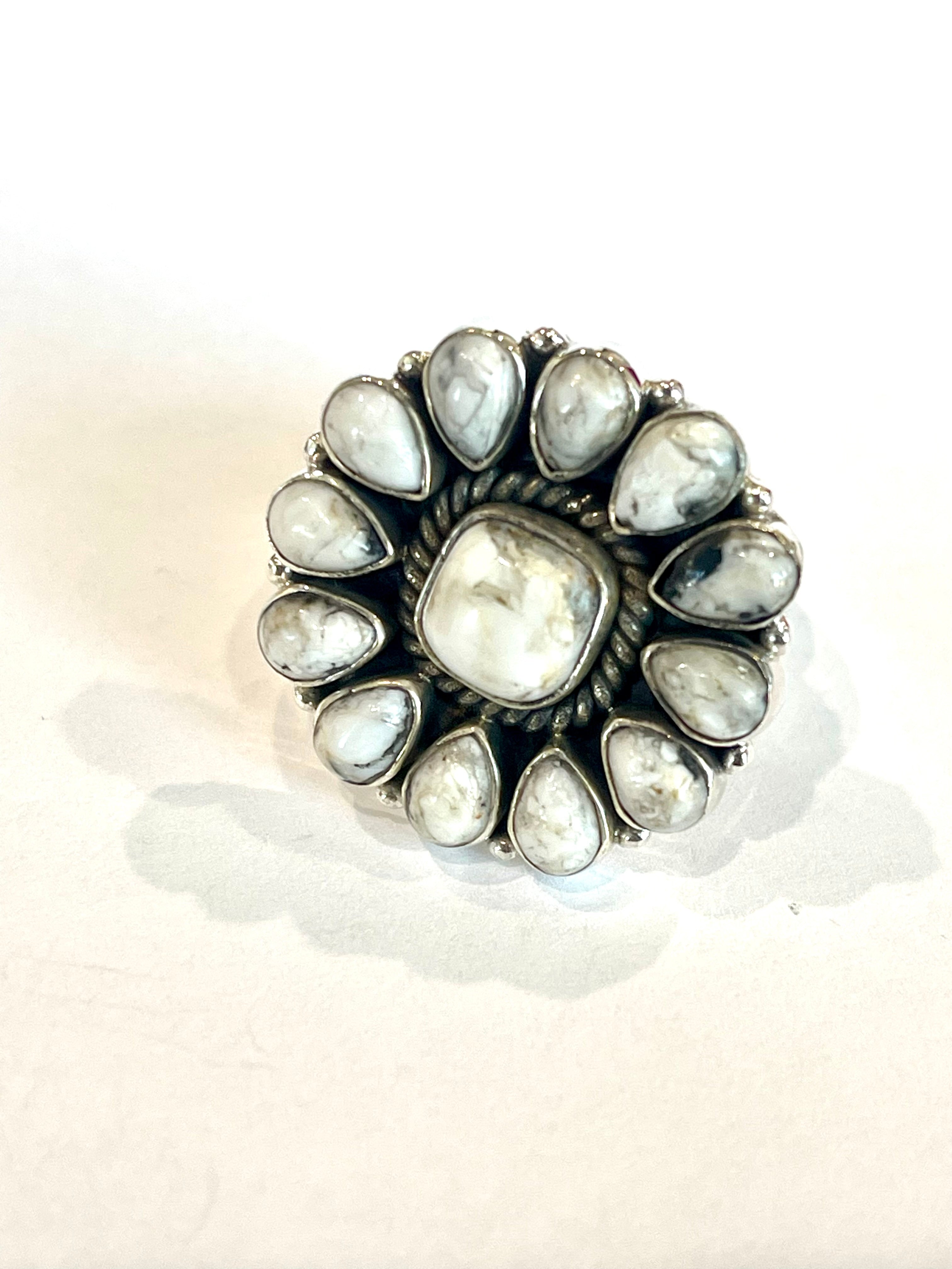 Beautiful Handmade White Buffalo And Sterling Silver Adjustable Cluster Ring