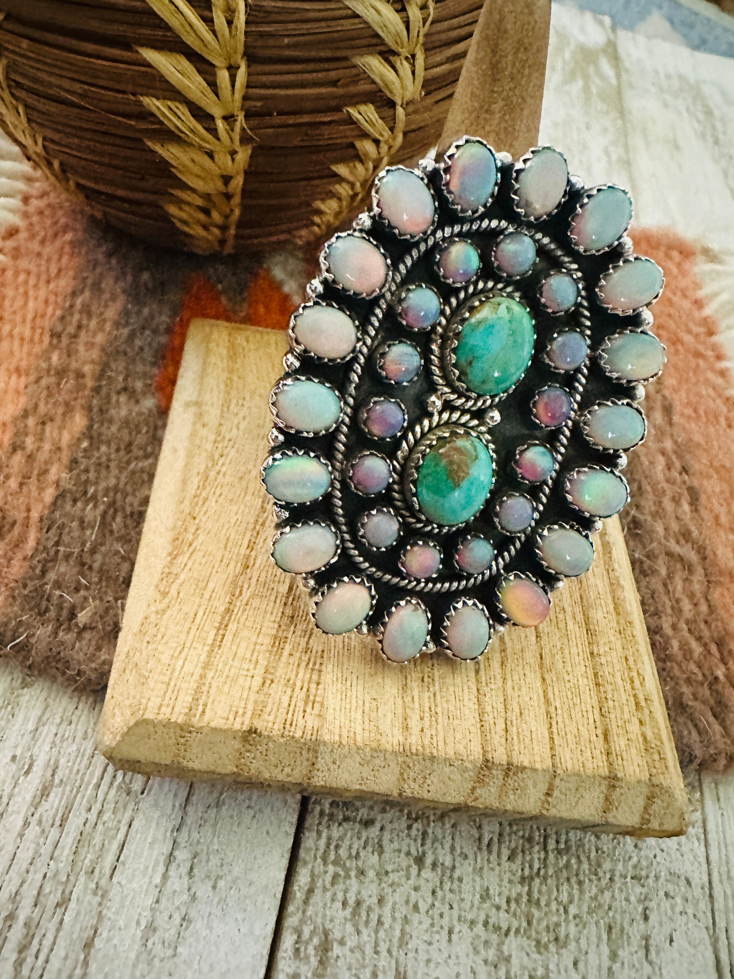 Handmade Sterling Silver, Opal & Turquoise Cluster Adjustable Ring by Nizhoni