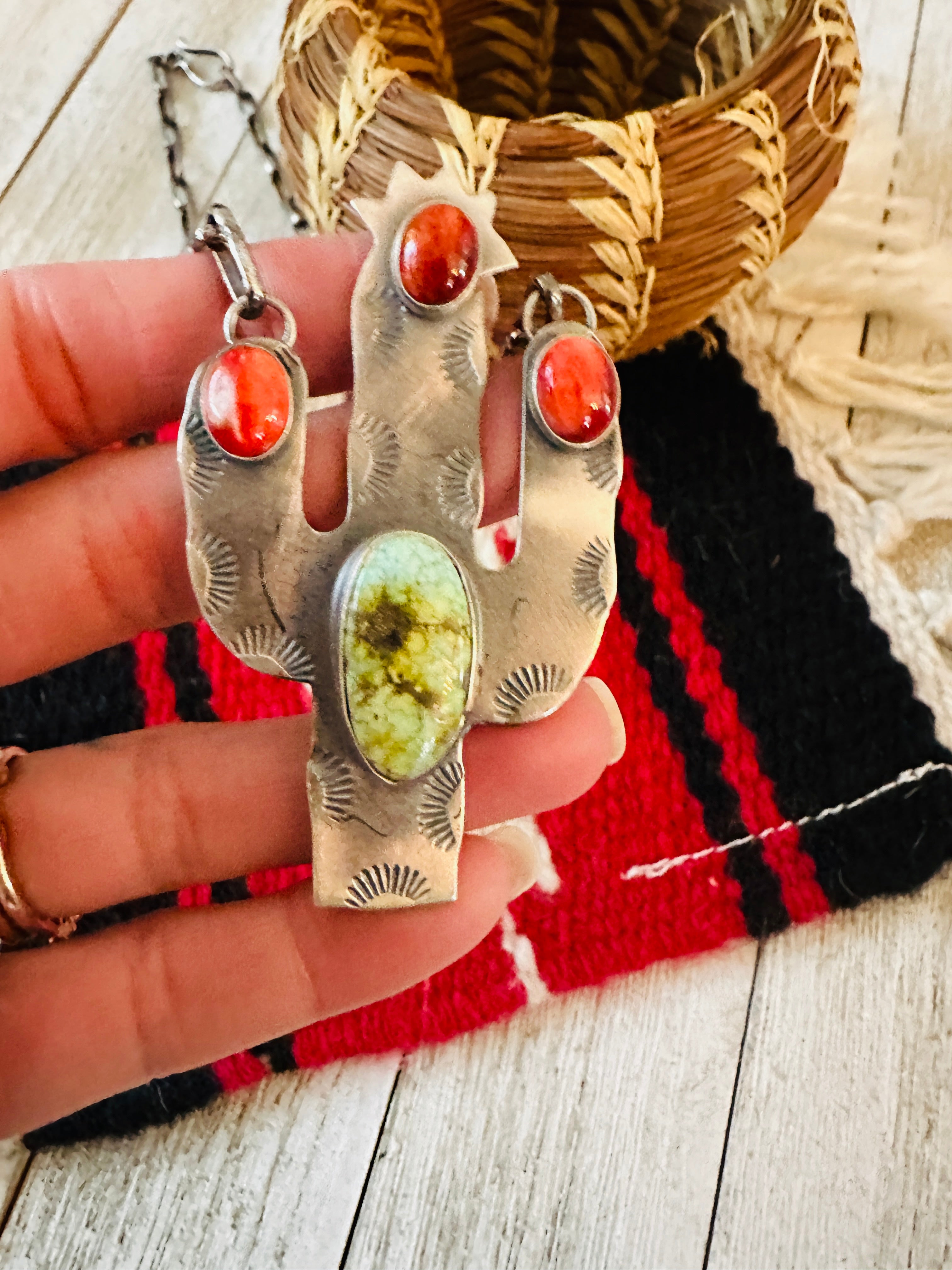 Handcrafted Sterling Silver, Turquoise & Spiny Cactus Necklace