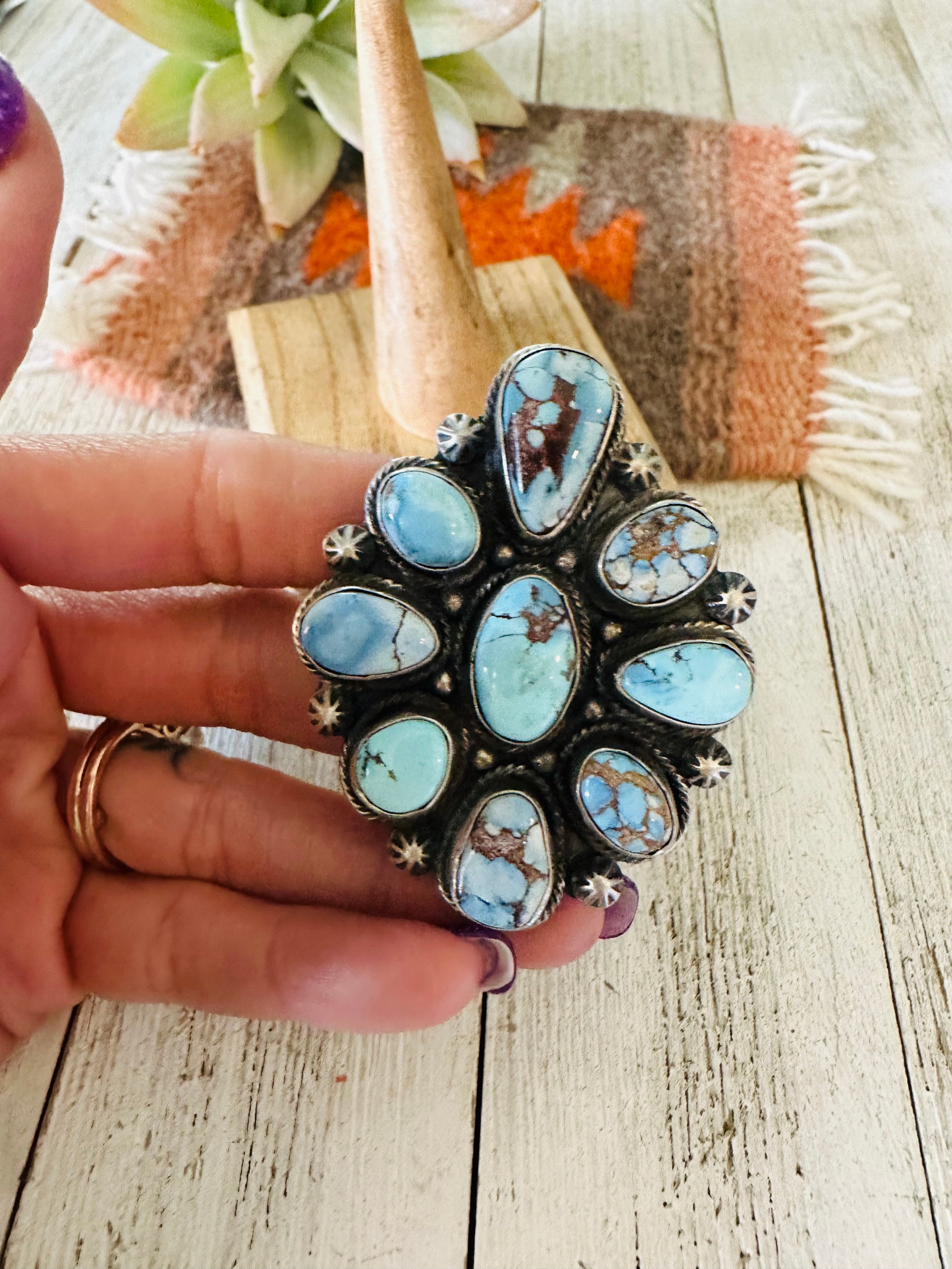 Navajo Golden Hills Turquoise & Sterling Silver Cluster Ring Size 8.5