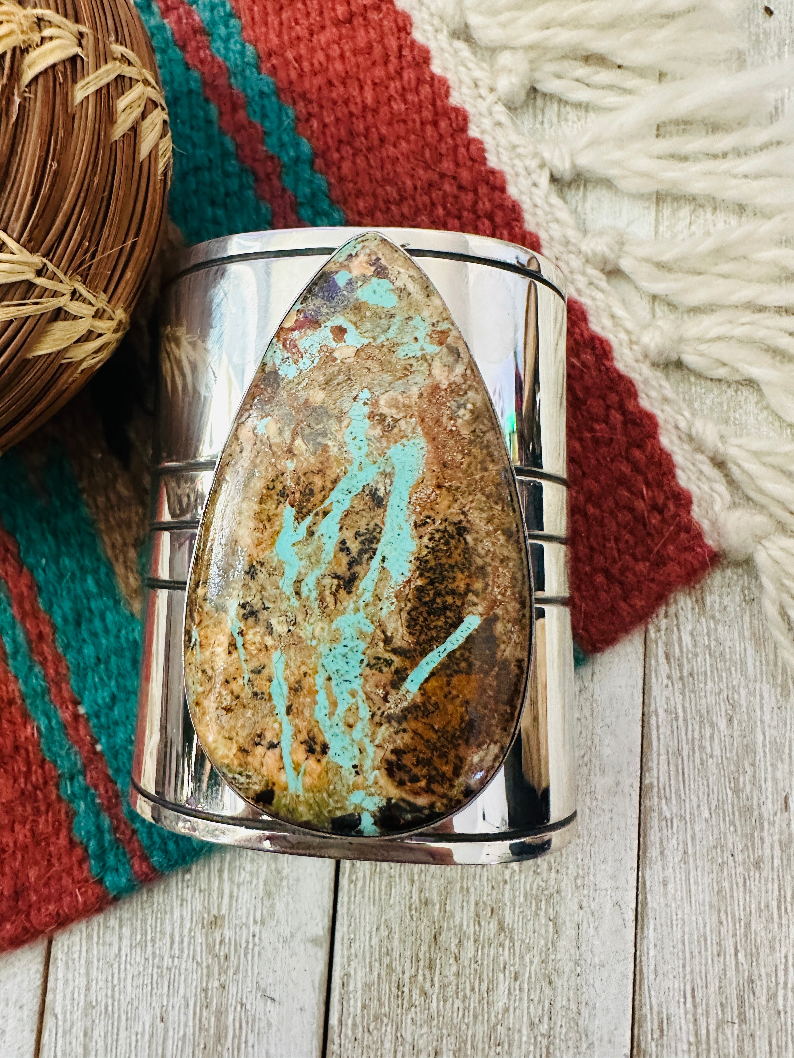 Handcrafted Sterling Silver & Ribbon Turquoise Cuff Bracelet by Ed Smith