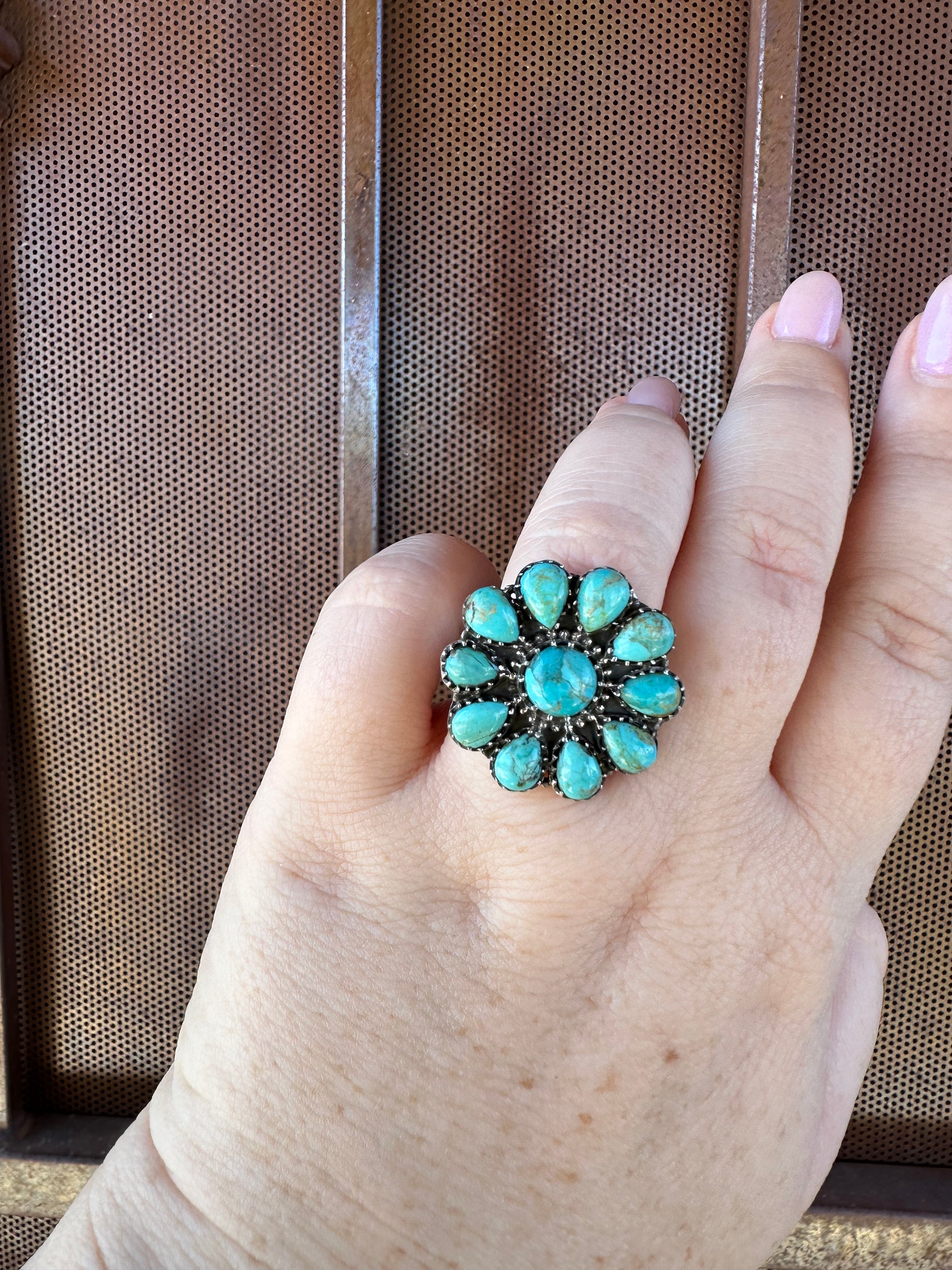 Turquoise Petals Handmade Adjustable Turquoise Sterling Silver Flower Ring