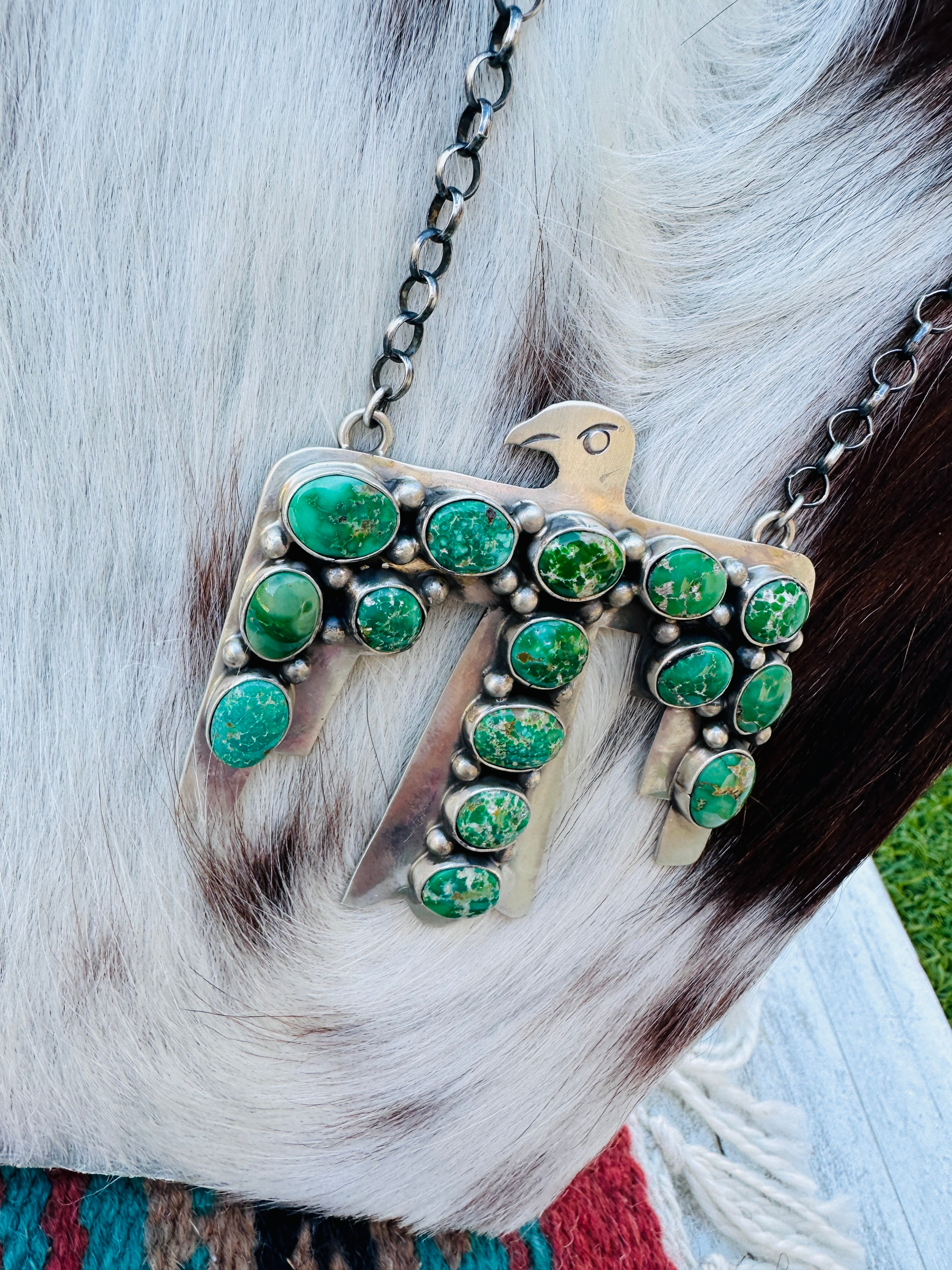 Handcrafted Sonoran Gold Turquoise & Sterling Silver Thunderbird Necklace by Russell Sam