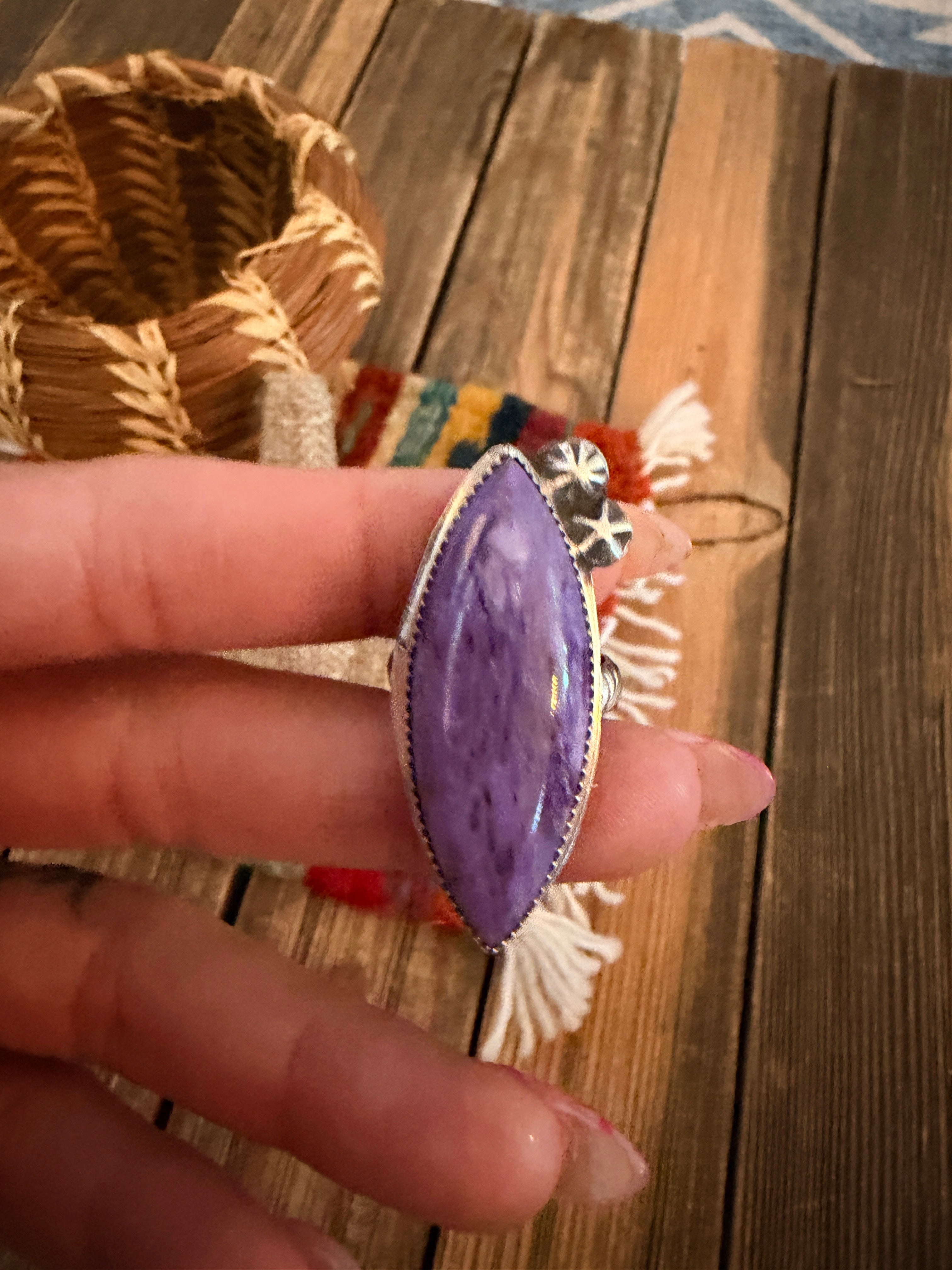 Handmade Sterling Silver and Charoite Adjustable Ring