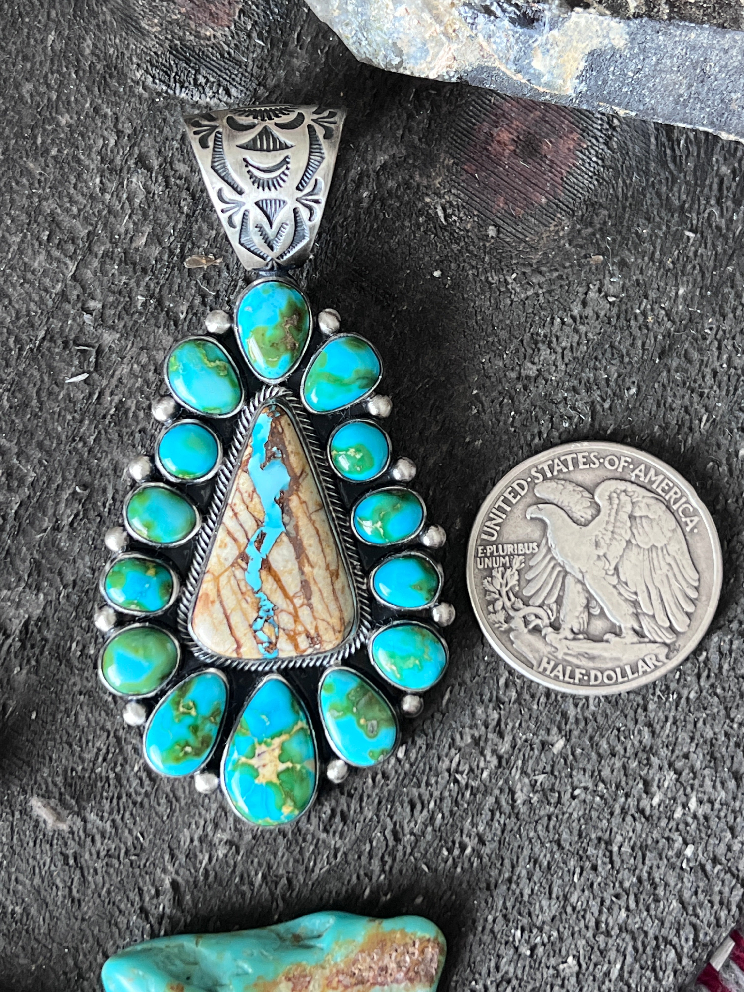 Diane Wylie Sterling Silver, Royston Ribbon & Sonoran Mountain Turquoise Cluster Pendants