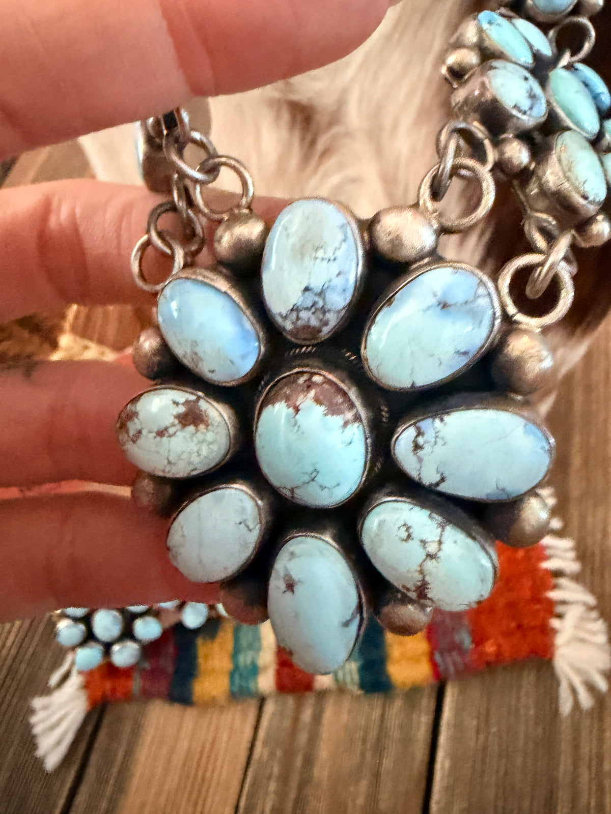 Handcrafted Golden Hills Turquoise & Sterling Silver Cluster Necklace and Earring Set by Kathleen Chavez