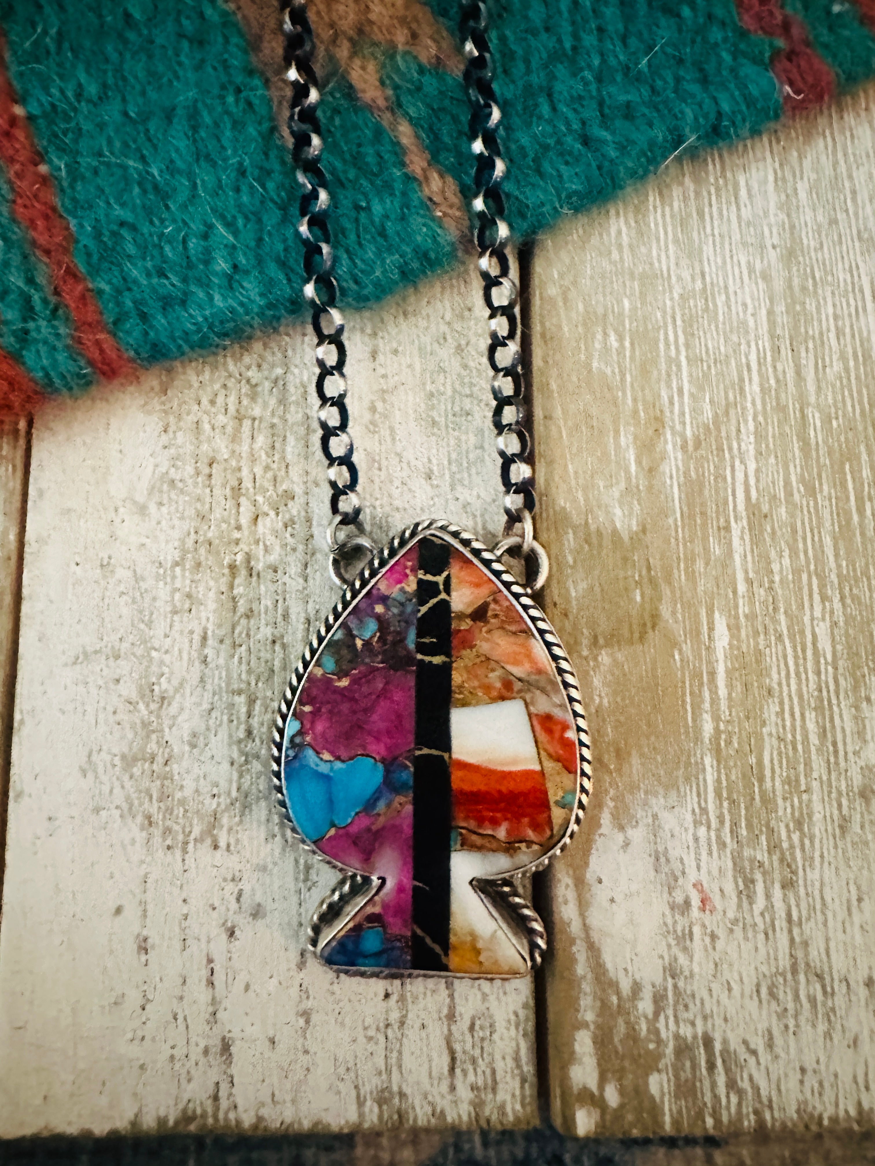 Navajo Sterling Silver & Multi Stone Inlay Spade Necklace