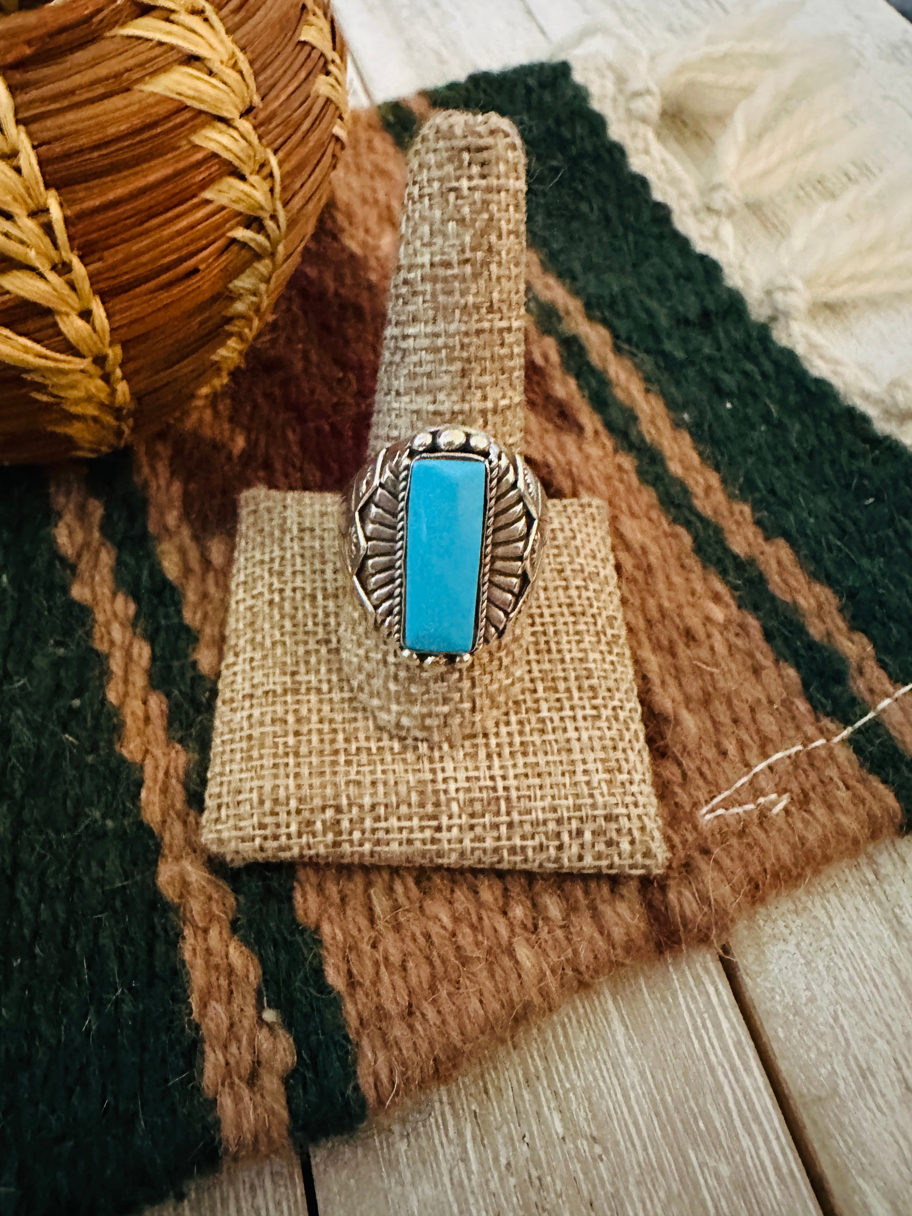 Old Pawn Handcrafted Turquoise & Sterling Silver Ring Size 10.5