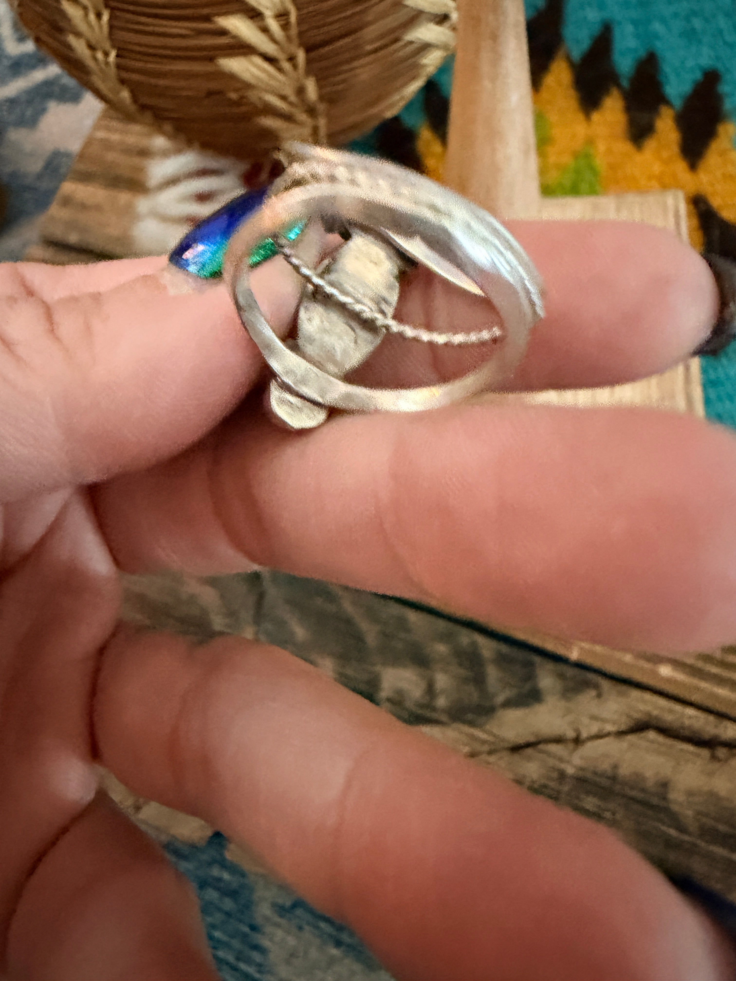 Old Pawn Handcrafted Turquoise, Coral & Sterling Silver Ring Size 7