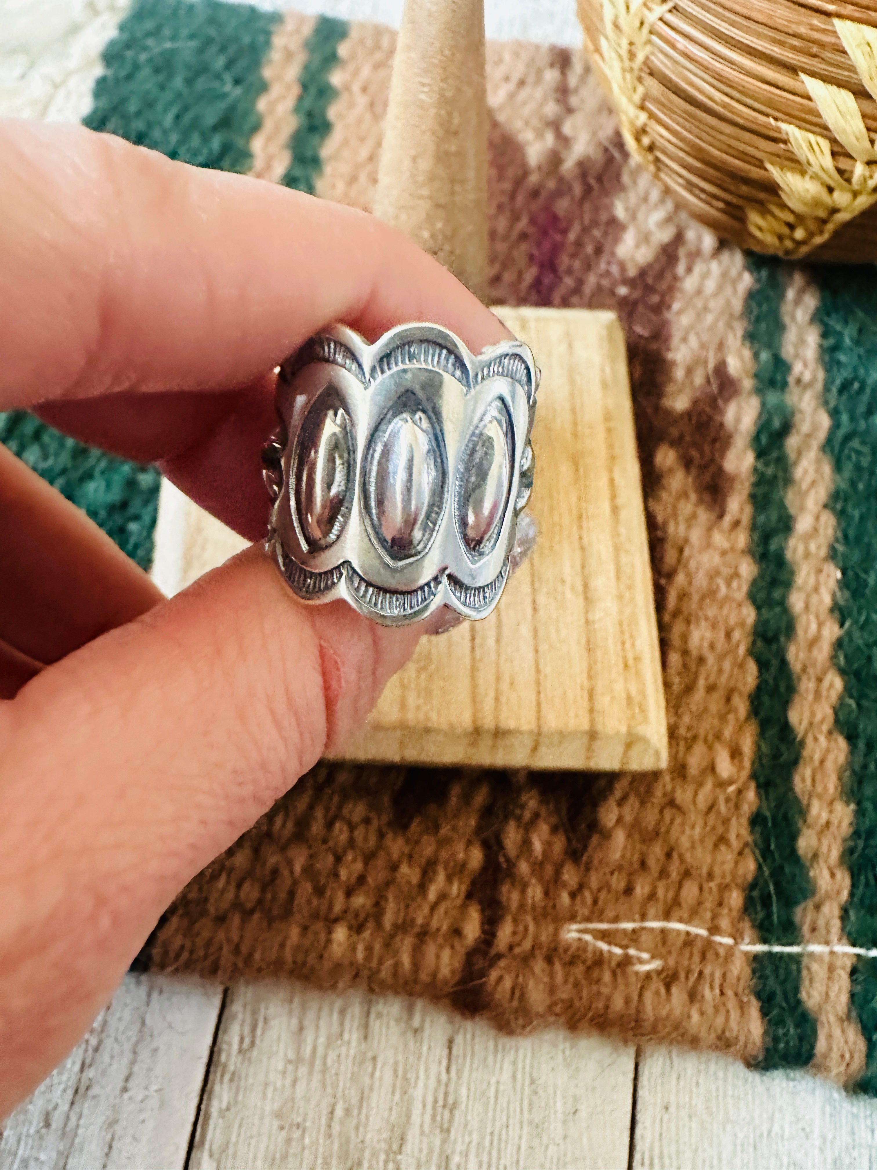 Navajo Hand Stamped Sterling Silver Concho Band Ring Size 6.5