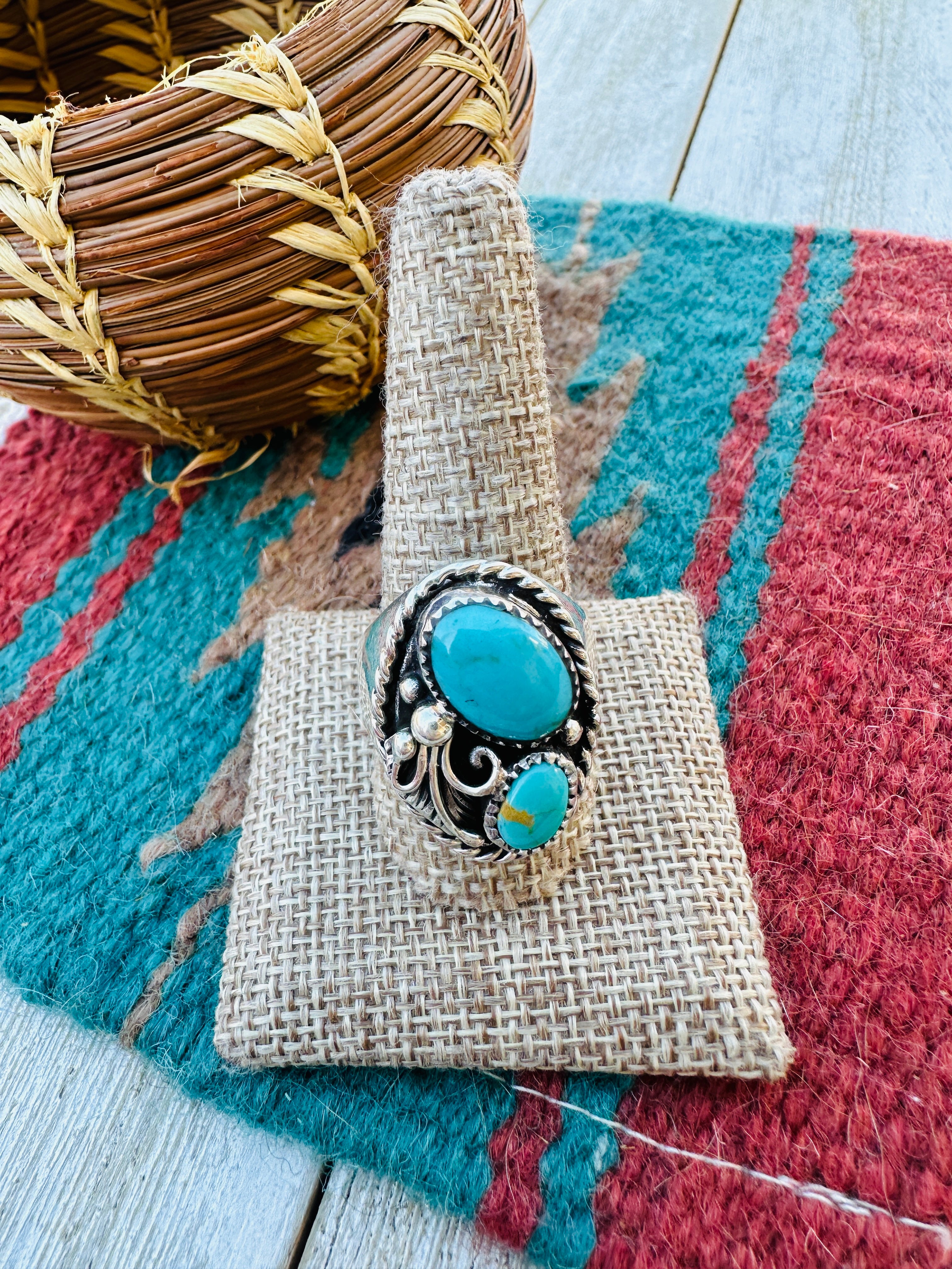 Handcrafted Turquoise & Sterling Silver Cigar Band Ring Size 10.5