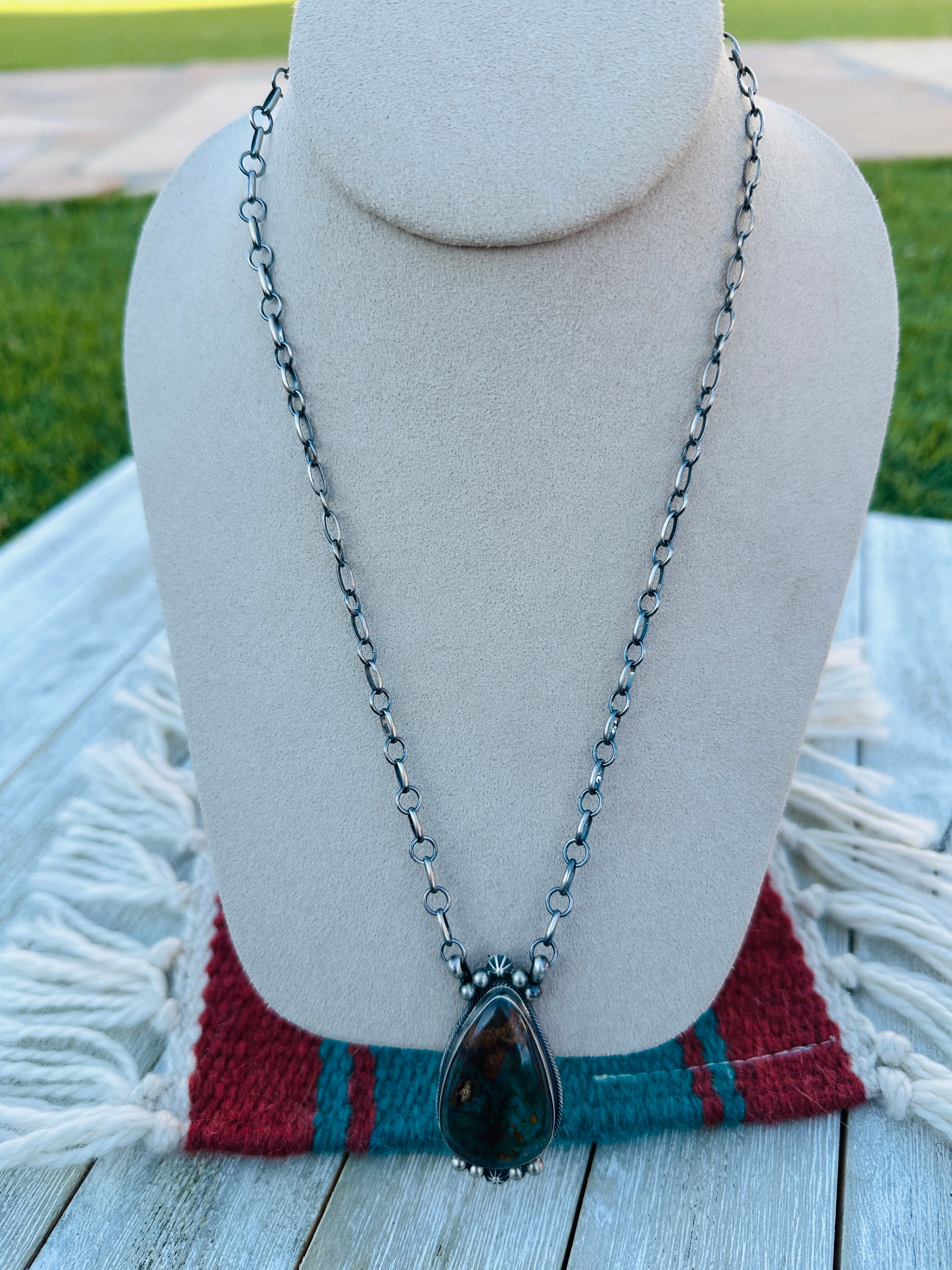 Handcrafted Sterling Silver 18” Link Chain & Royston Turquoise Necklace