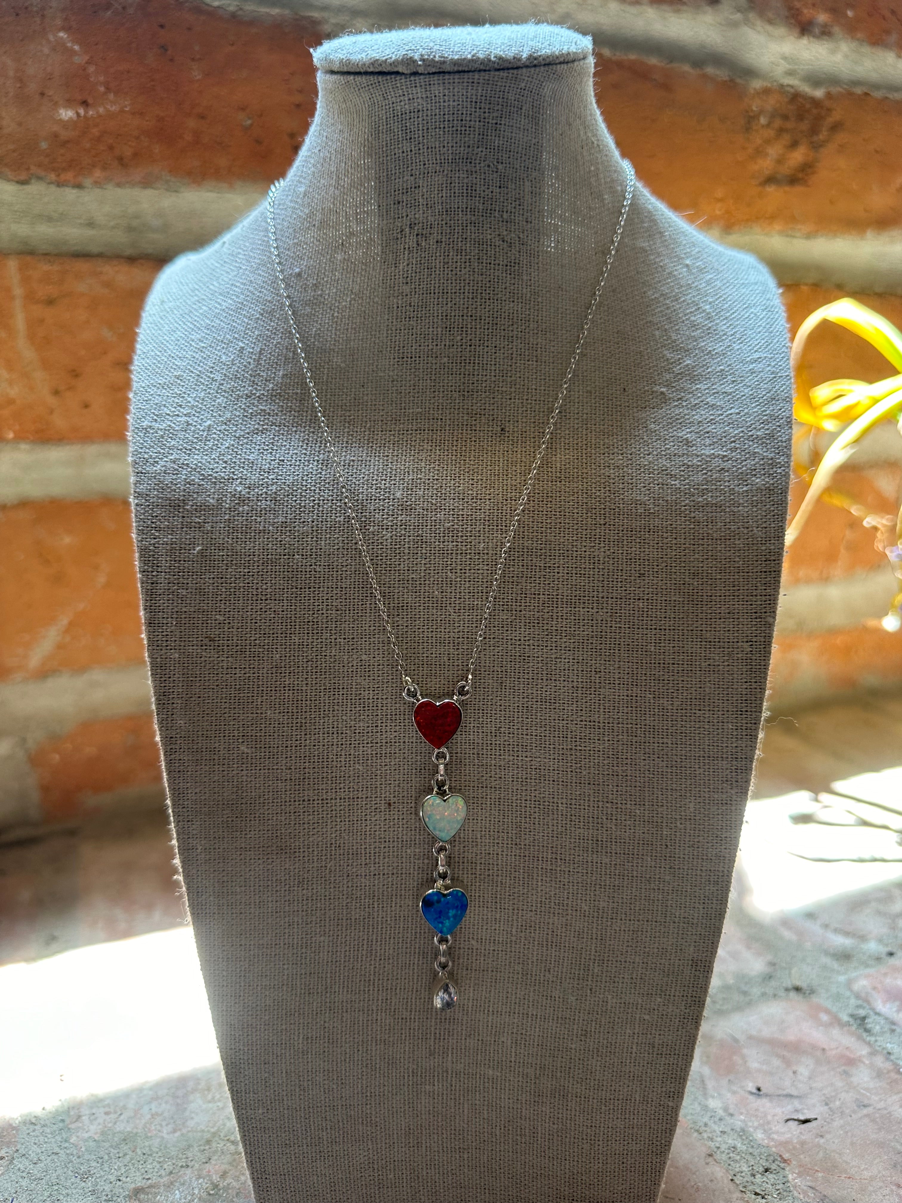 4th Of July Collection Handmade Sterling Silver & Red, White & Blue Fire Opal Cluster  Necklace