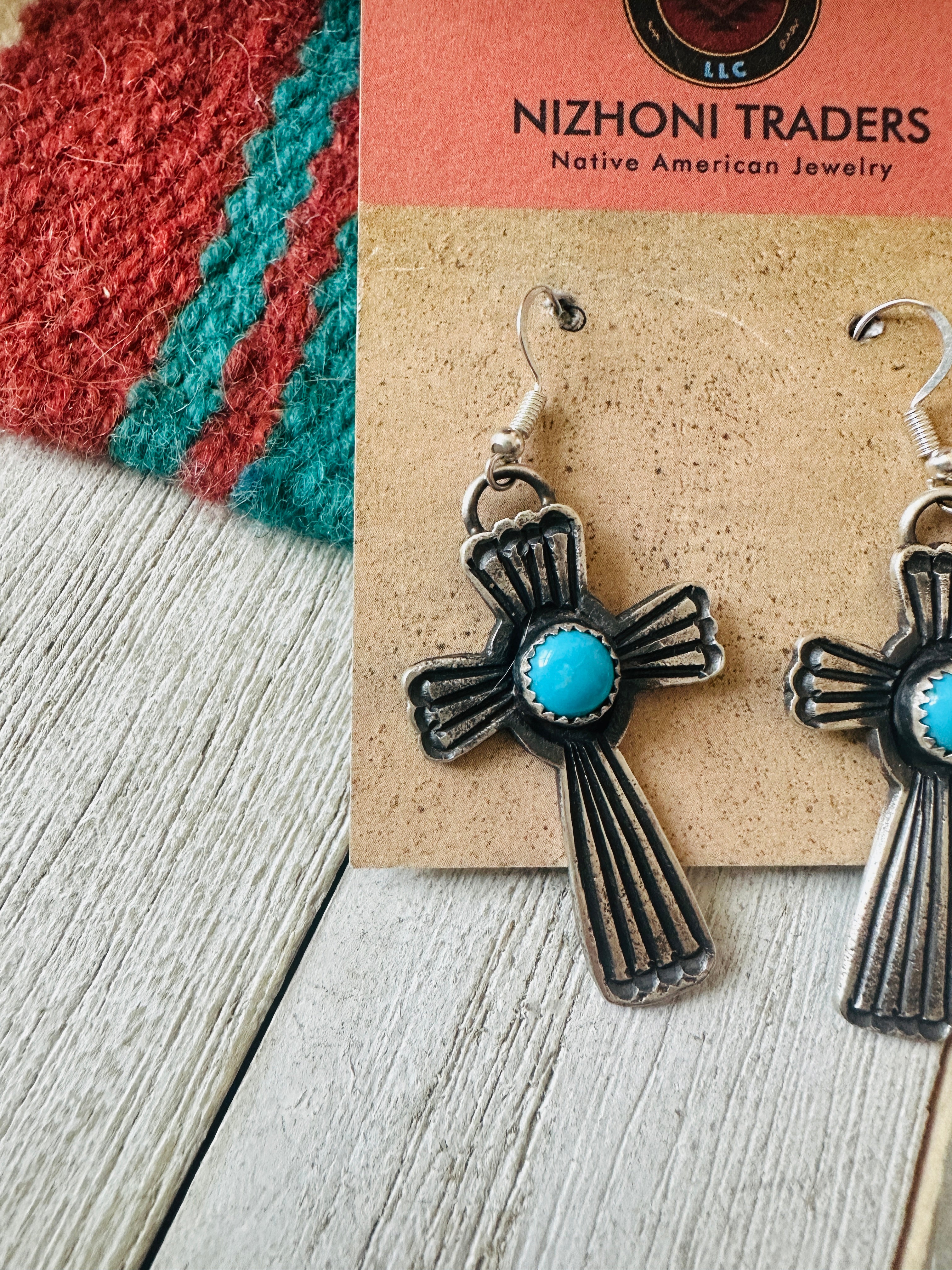 Navajo Sterling Silver & Turquoise Cross Dangle Earrings