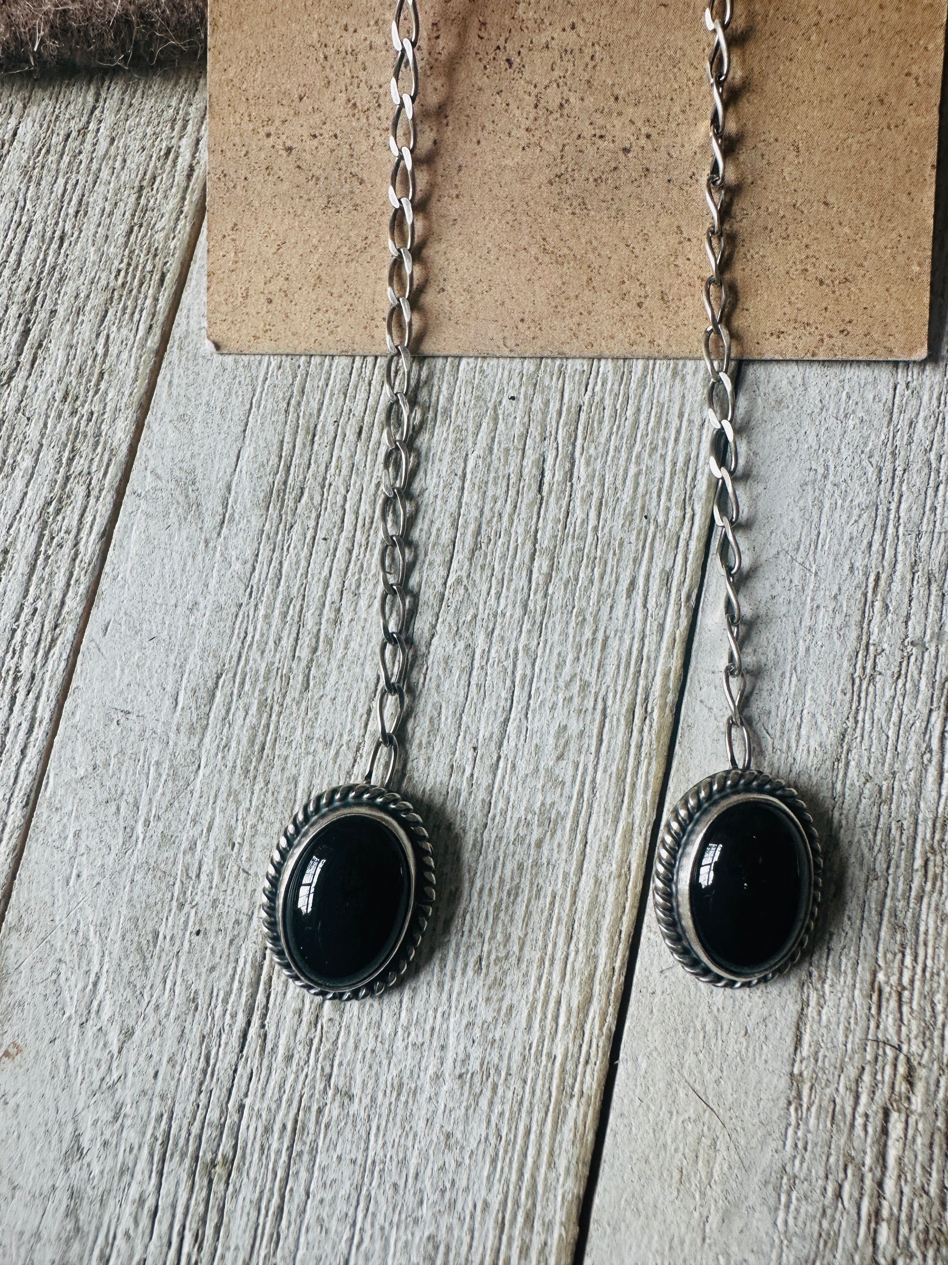 Navajo Sterling Silver & Black Onyx Dangle Earrings