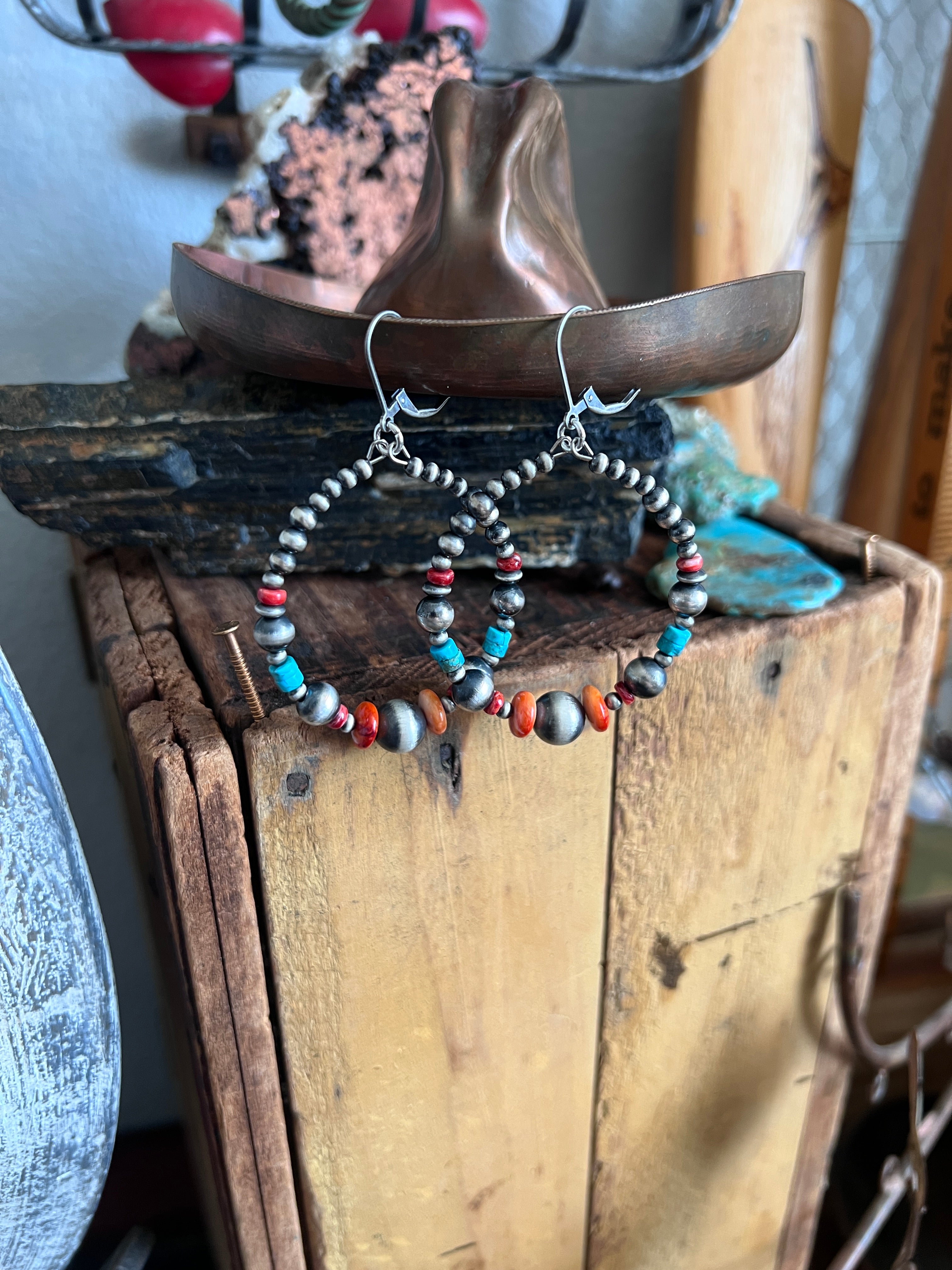 Handcrafted Electric Rainbow Sterling Silver, Turquoise & Spiny Oyster Beaded Hoop Earrings, Leverback