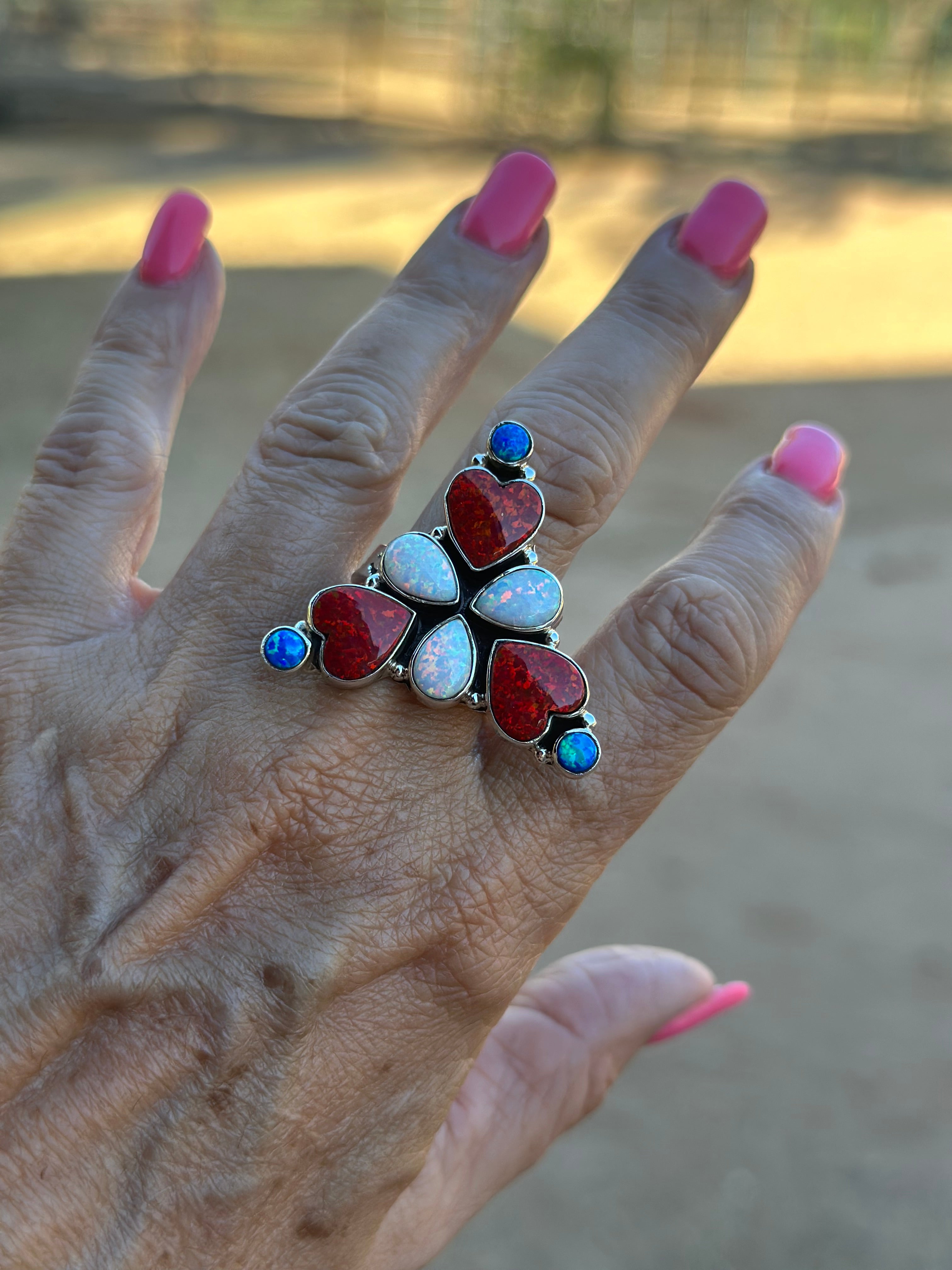 4TH OF JULY COLLECTION Handmade Red, White & Blue Fire Opal & Sterling Silver Adjustable Ring Signed Nizhoni