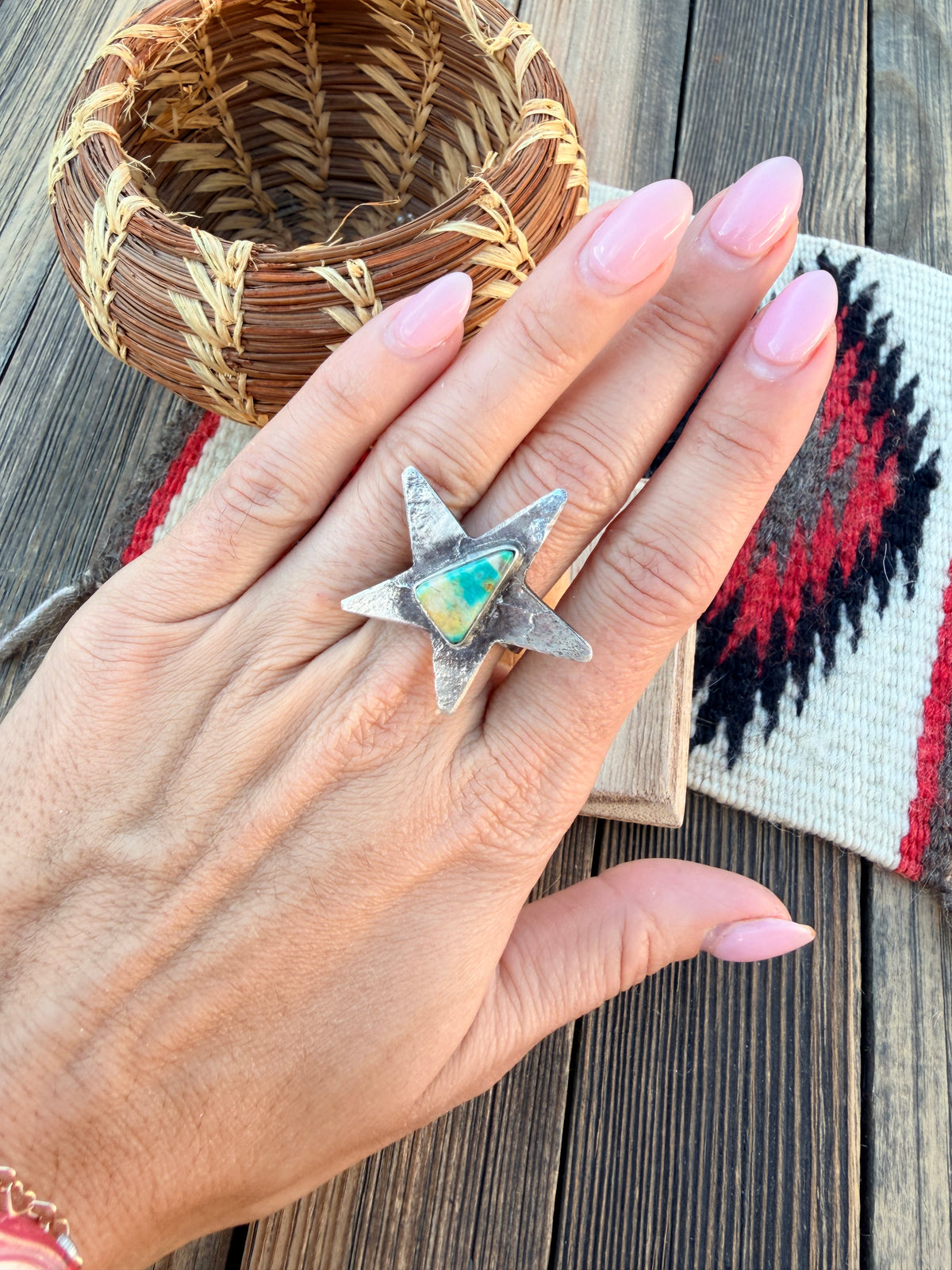 Handcrafted Sterling Silver & Turquoise Adjustable Star Ring by Jude Candelaria