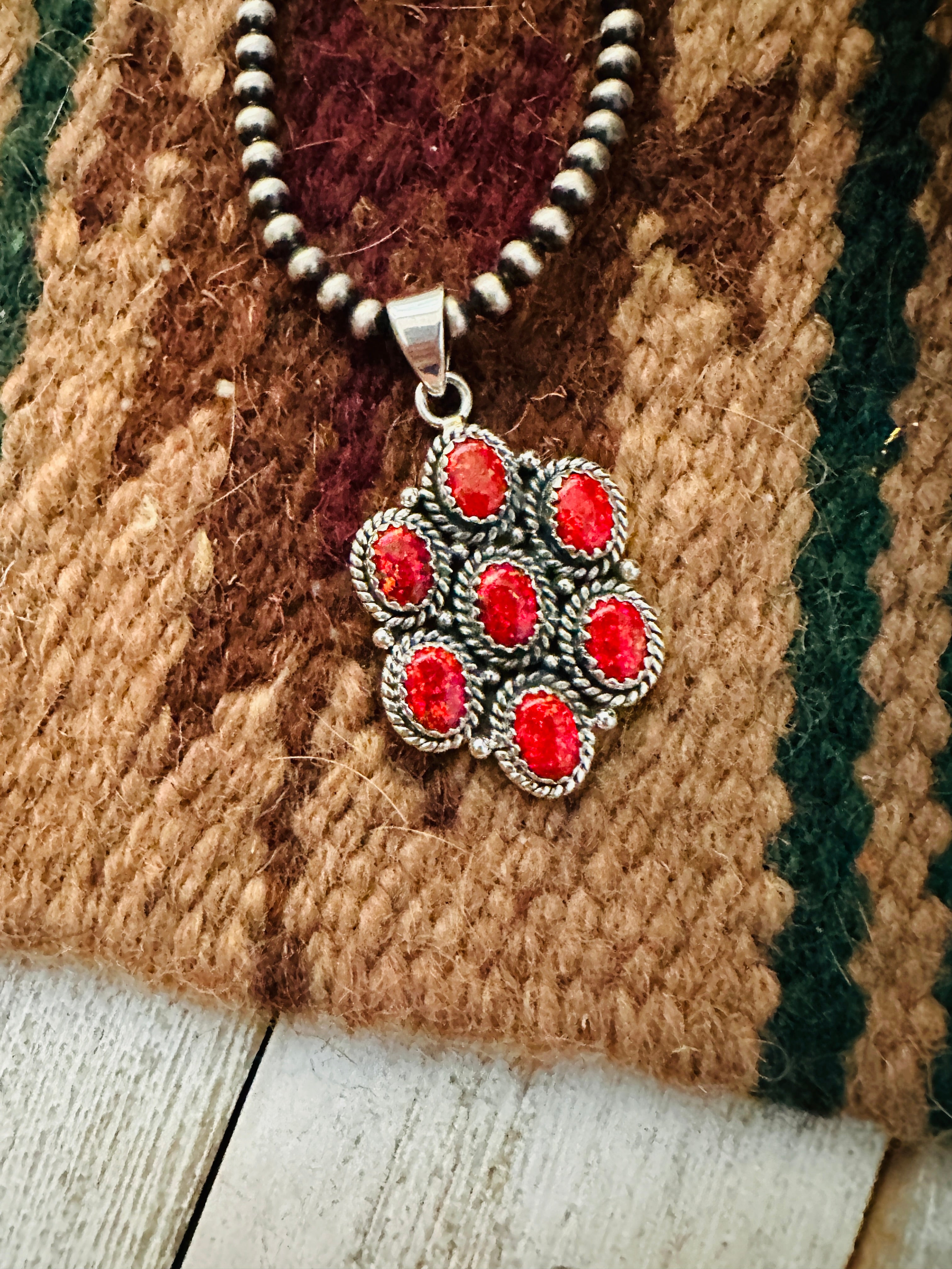 Handmade Red Fire Opal & Sterling Silver Cluster Pendant