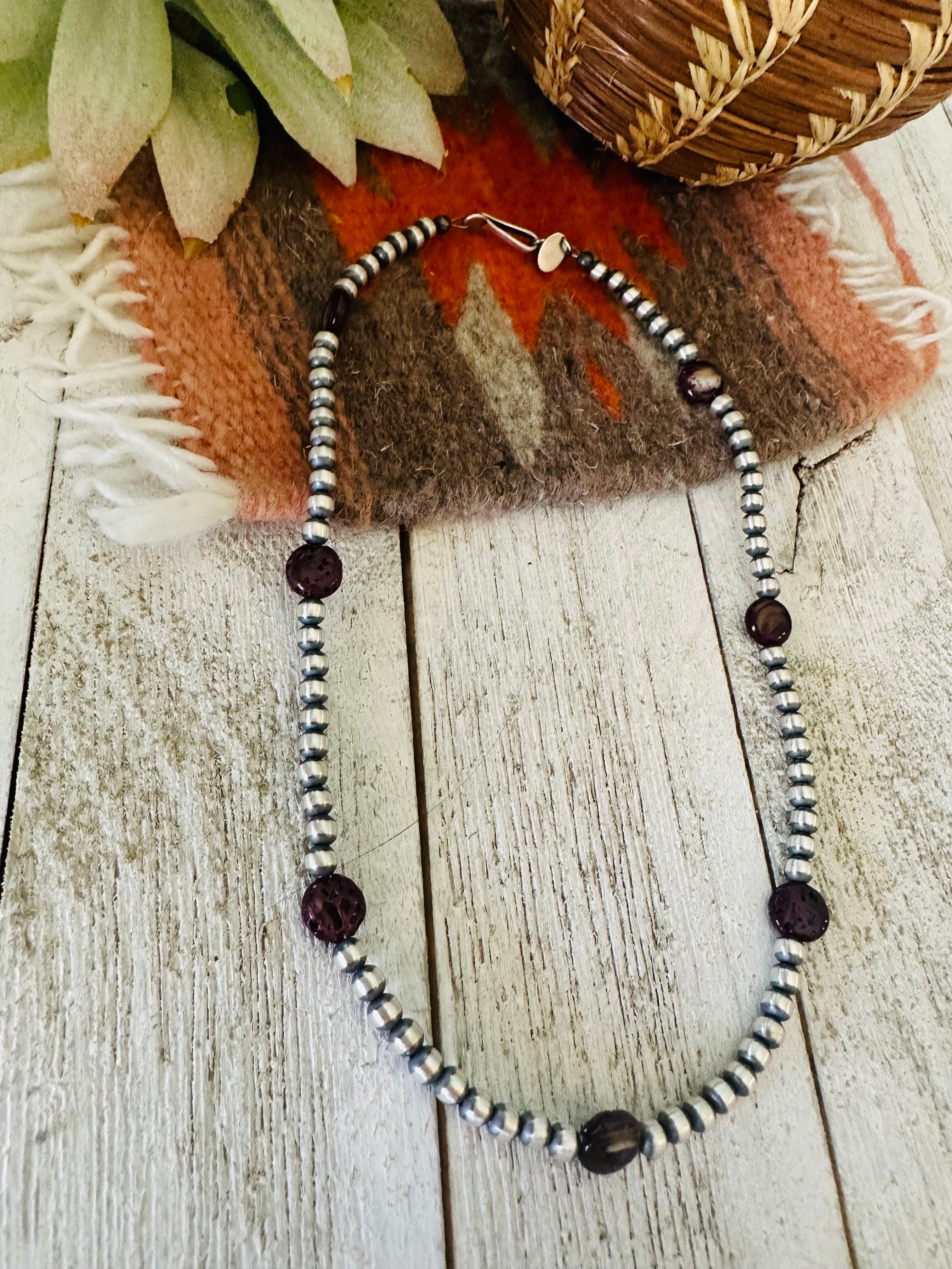 Navajo Purple Spiny & Sterling Silver Pearl Beaded 14” Necklace