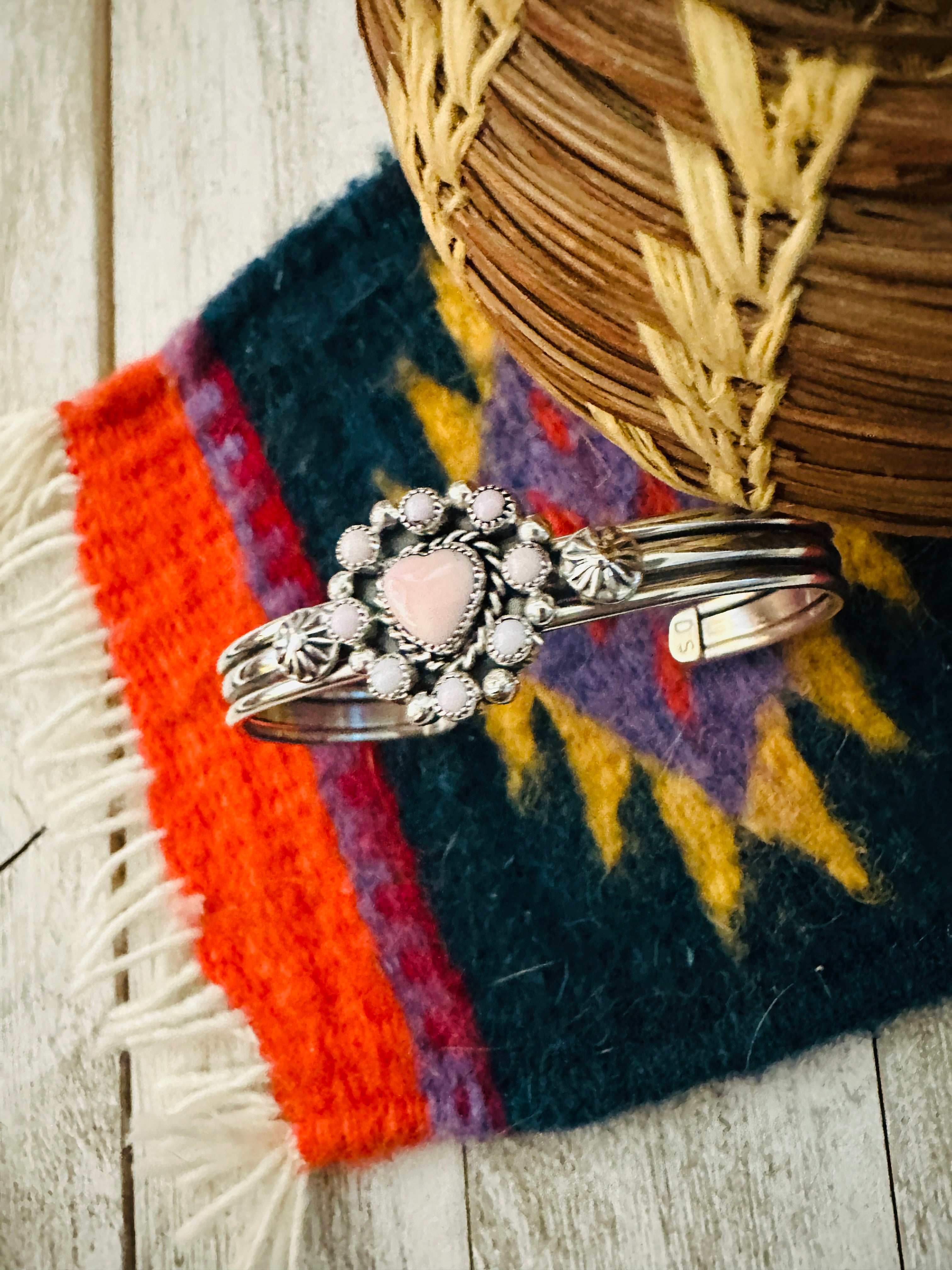 Navajo Queen Pink Conch Shell & Sterling Silver Heart Cuff Bracelet