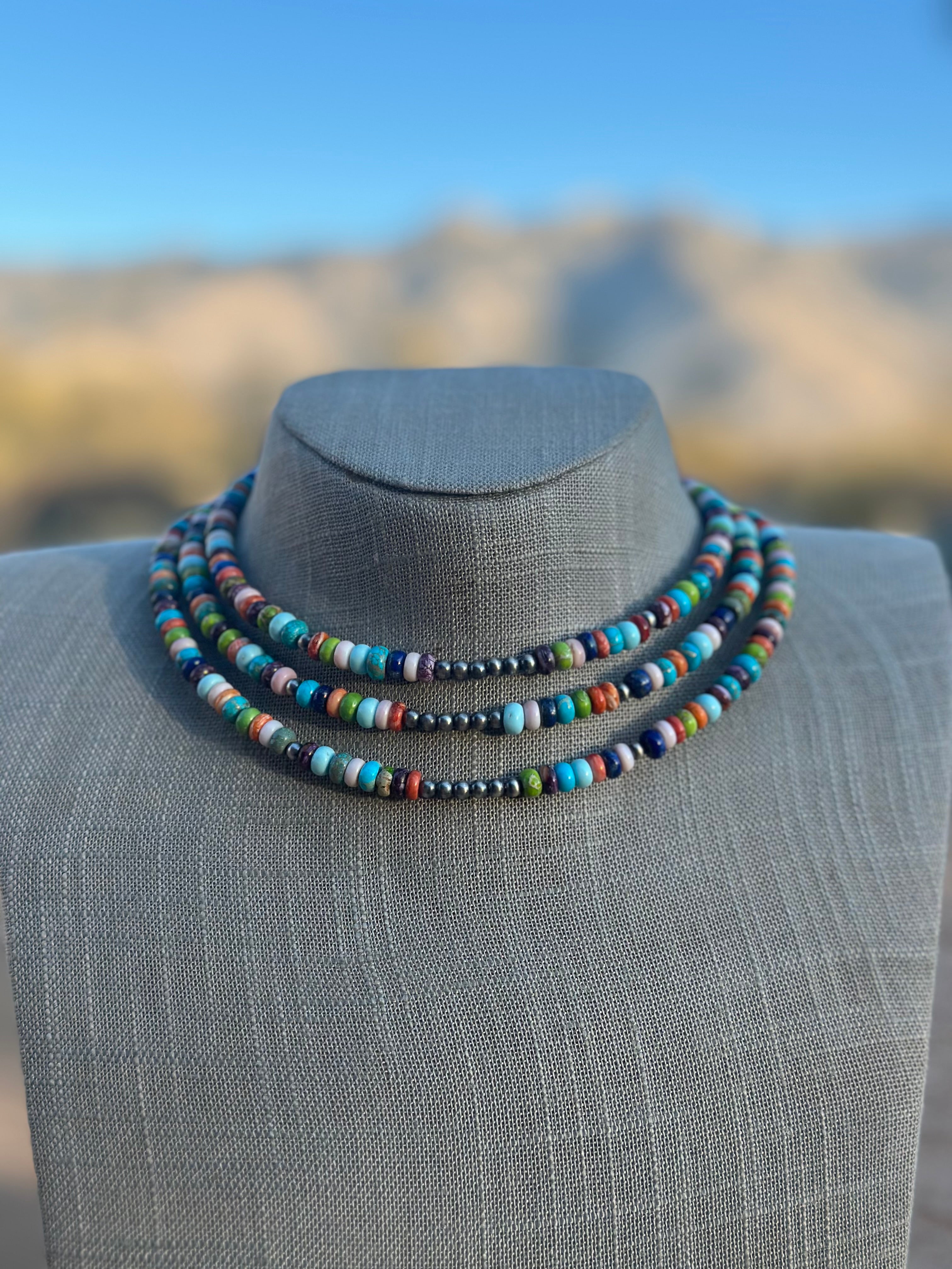 Navajo Handmade Multi Stone & Sterling Silver Beaded Wrap Choker Necklace