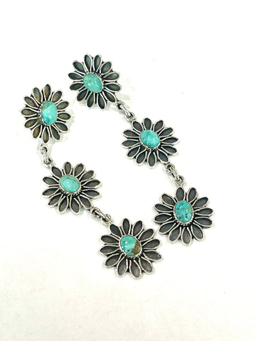 Handmade Flower Sterling Silver & Turquoise Post Dangle Earrings Signed Nizhoni